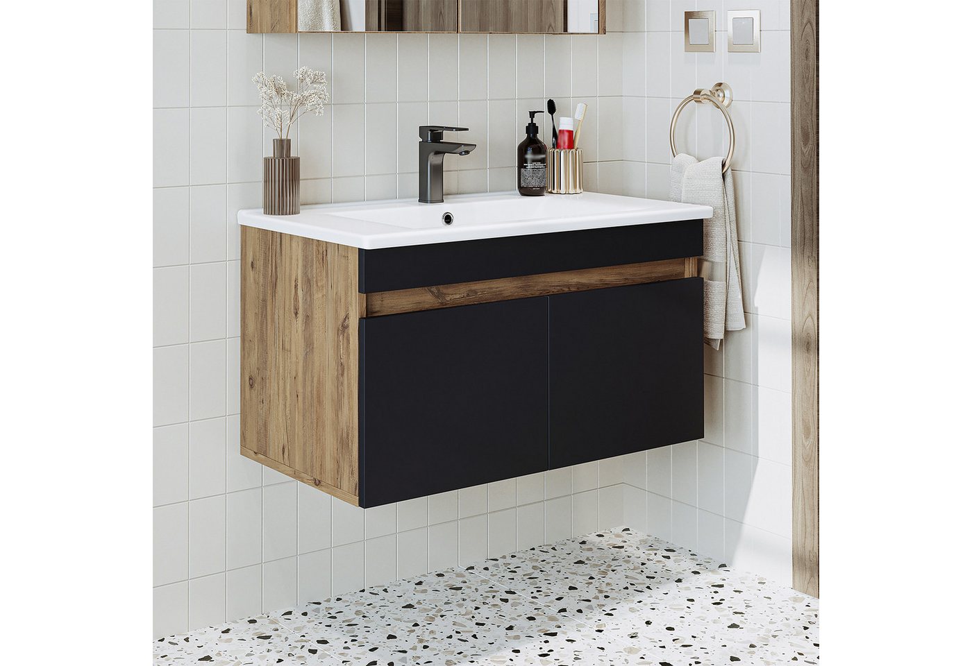 Roomart Waschtisch ATRIA Unterschrank 85 cm, Keramik-Einbaubecken, 4 Farben, Soft-Close (Badmöbel ATRIA 85 cm in 4 Farben Unterschrank mit Waschbecken), Keramik-Einbaubecken, Ablagefläche 15,5 cm, Soft-Close, hängend