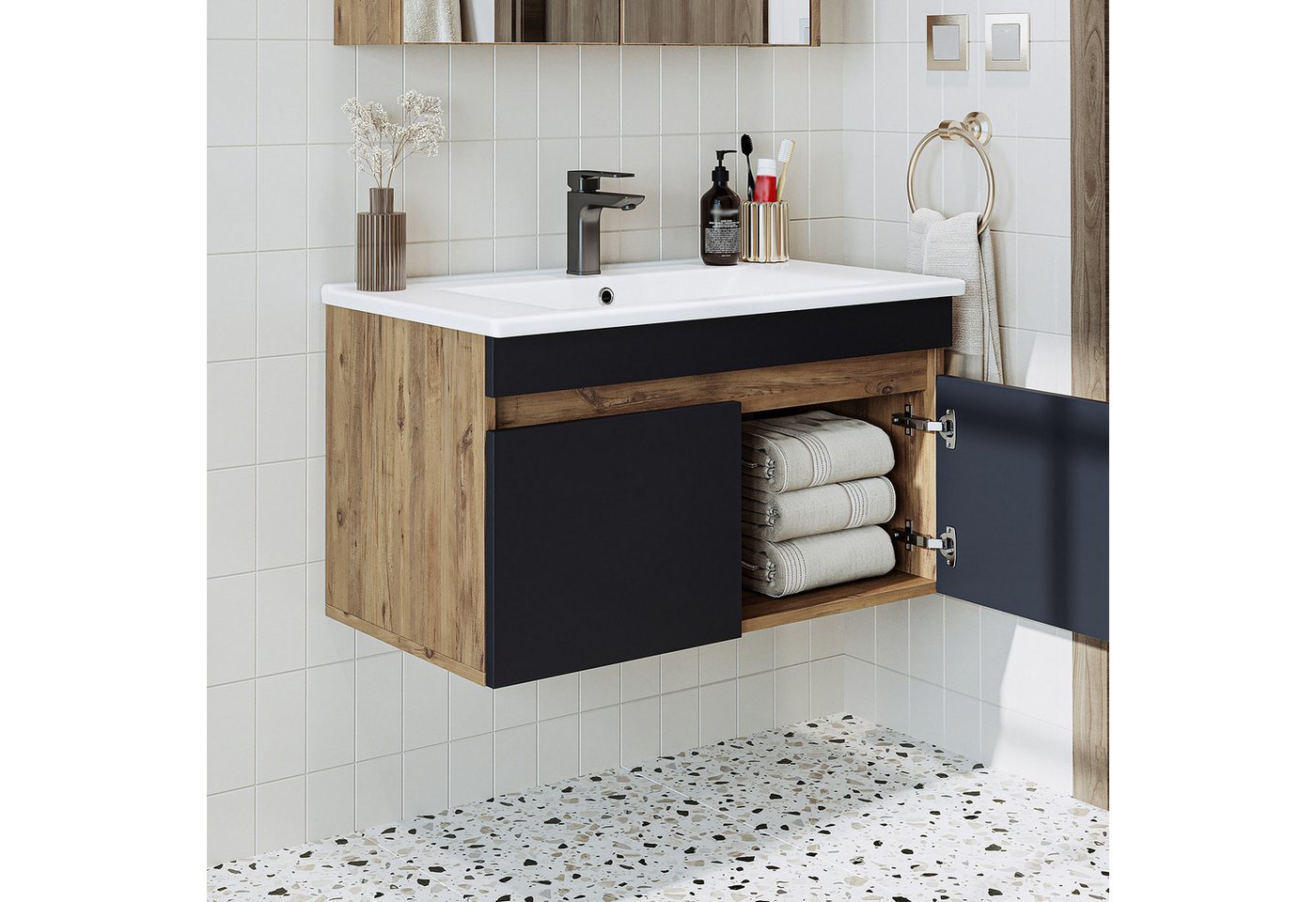 Roomart Waschtisch ATRIA Unterschrank 85 cm, Keramik-Einbaubecken, 4 Farben, Soft-Close (Badmöbel ATRIA 85 cm in 4 Farben Unterschrank mit Waschbecken), Keramik-Einbaubecken, Ablagefläche 15,5 cm, Soft-Close, hängend Bild 5