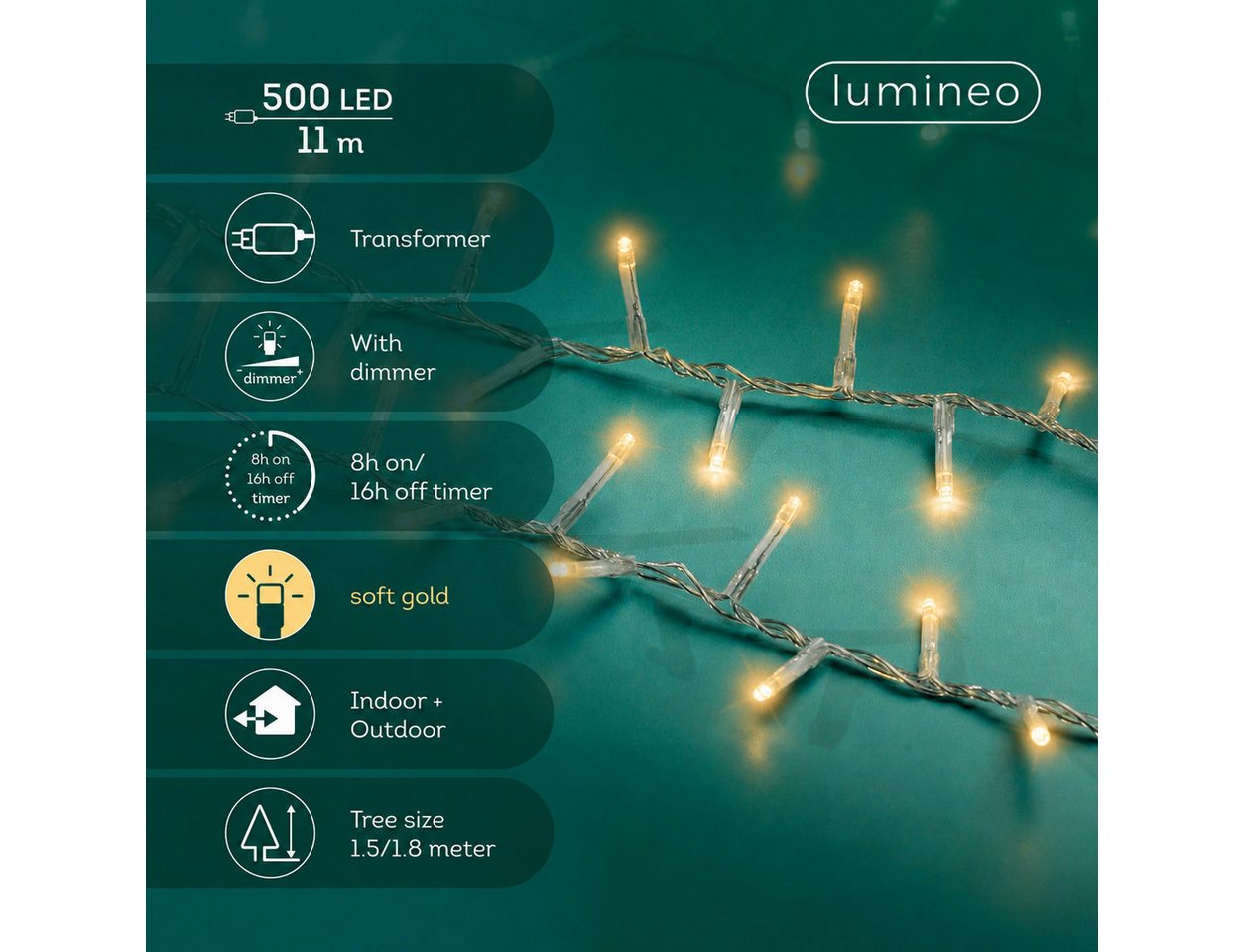 Lumineo LED-Lichterkette Lumineo Lichterkette COMPACT 500 LED 11 m Soft Gold, transp. Kabel, Indoor/Outdoor, dimmbar, 8h-Timer, 5 m Zuleitung Bild 2