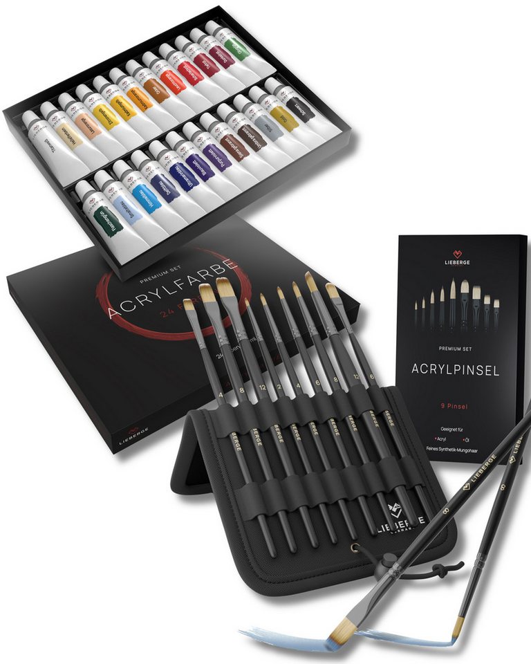 LIEBERGE Acrylfarbe Premium Set 24 Farben + Acrylpinsel-Set mit 9 Pinseln, hohe Farbbrillianz, lichtbeständig, wasserbasiert, schnelltrocknend Bild 2