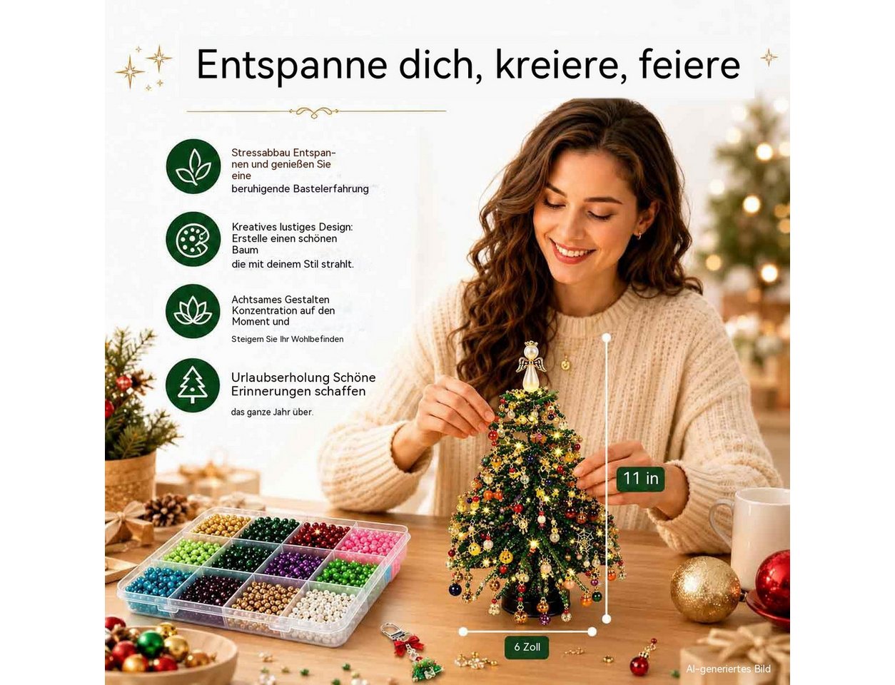 nsihing Kreativset DIY-Weihnachtsbaum-Bastelset mit Perlen,mit Anleitung, Kristall-Handwerksset,Weihnachtsdekoration, tischdekoration Bild 3