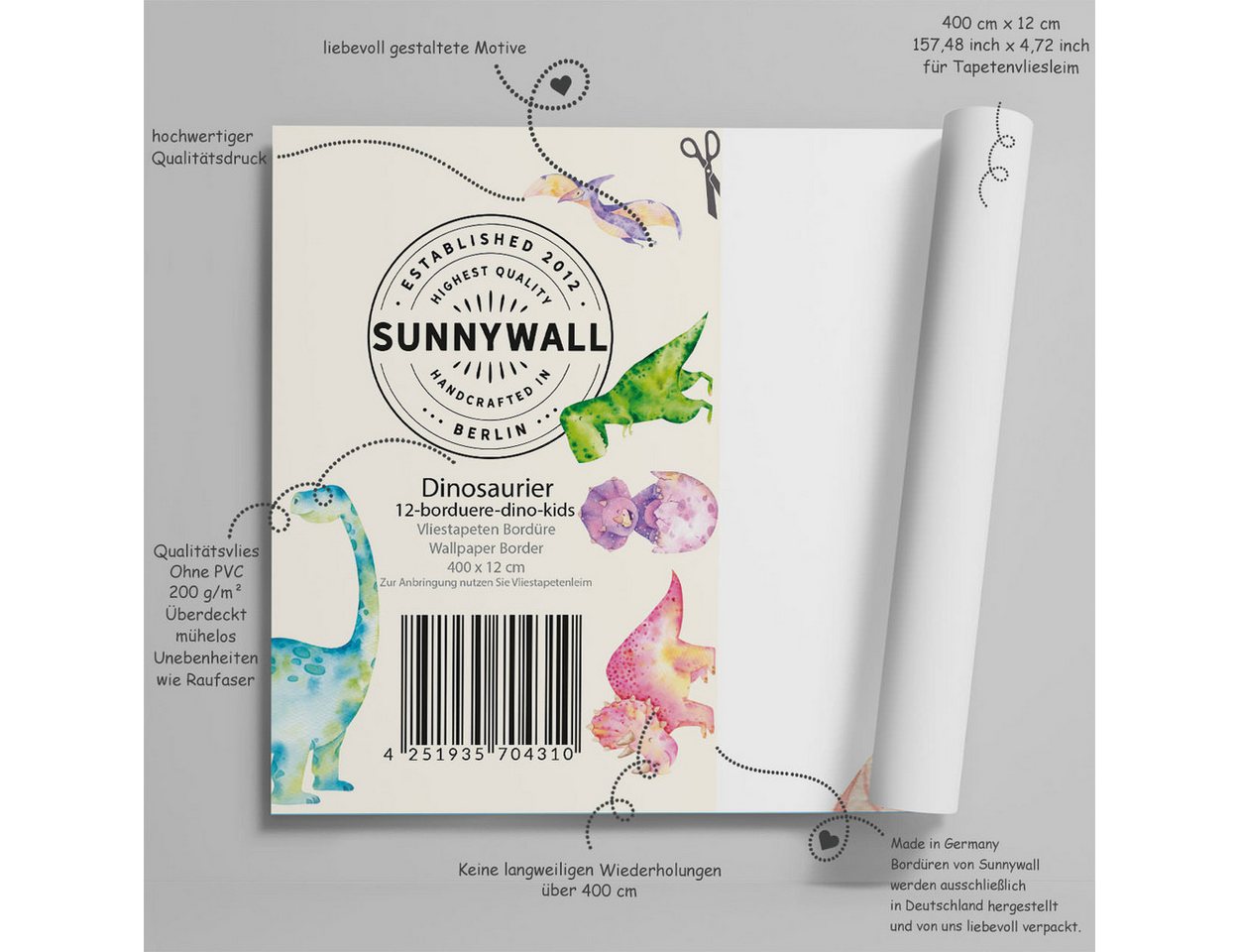 Sunnywall Bordüre Dino Kids (Bordüre - 400 cm), Comic, botanisch, Dinosaurier, Dino, (1 St), hochwertige 200 g/m² Vliestapete Bild 3
