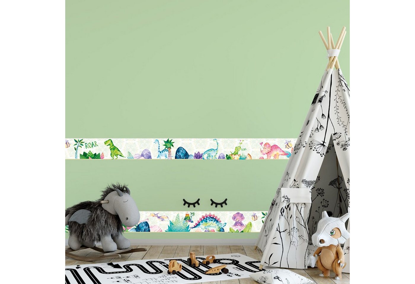 Sunnywall Bordüre Dino Kids (Bordüre - 400 cm), Comic, botanisch, Dinosaurier, Dino, (1 St), hochwertige 200 g/m² Vliestapete Bild 5