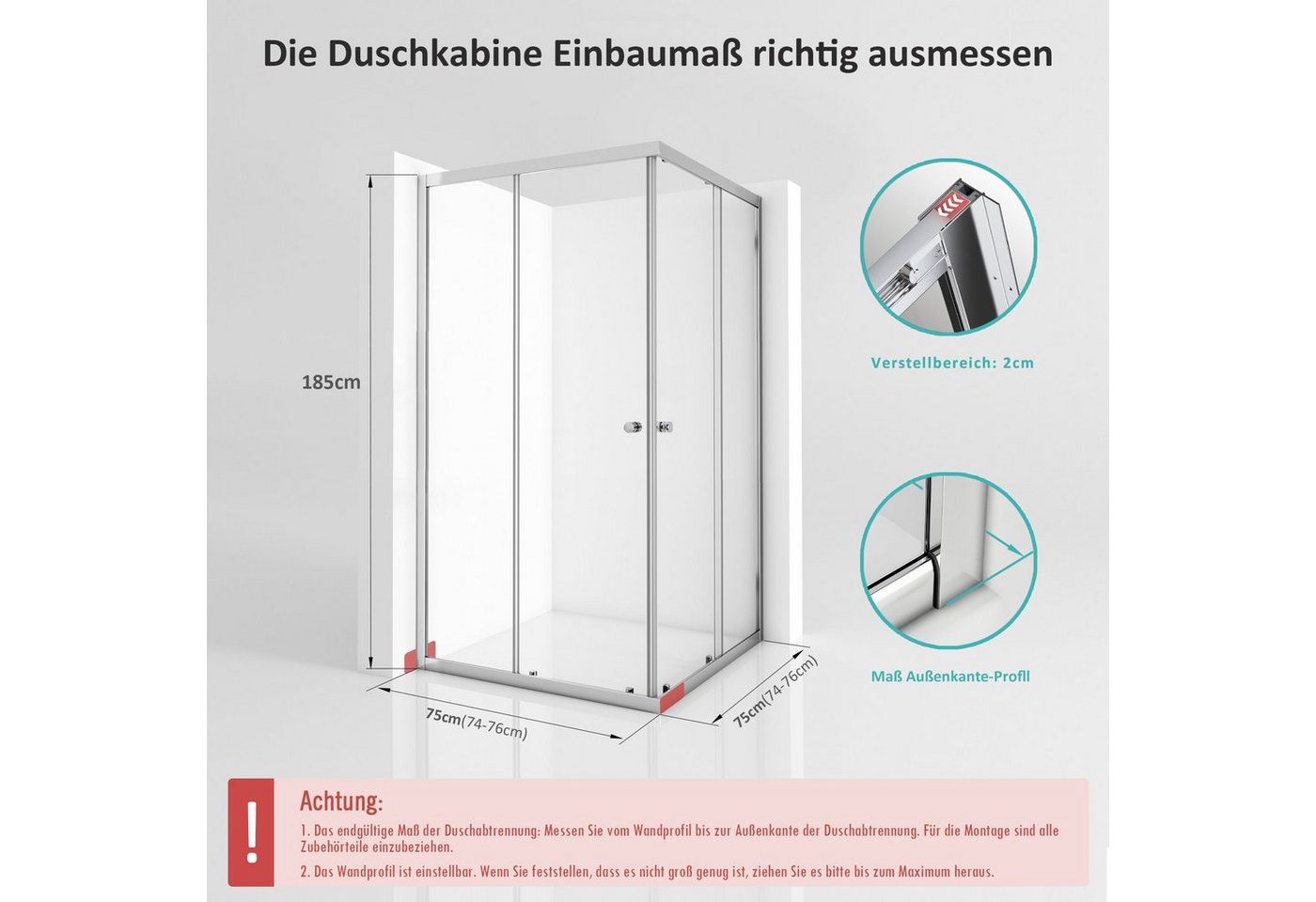 Boromal Eckdusche Duschkabine 75x75 Schiebetür Eckeinstieg Duschwand Dusche 5mm ESG Glas, BxT: 75x75 cm, Einscheibensicherheitsglas, Duschwand Duschabtrennung Bild 3