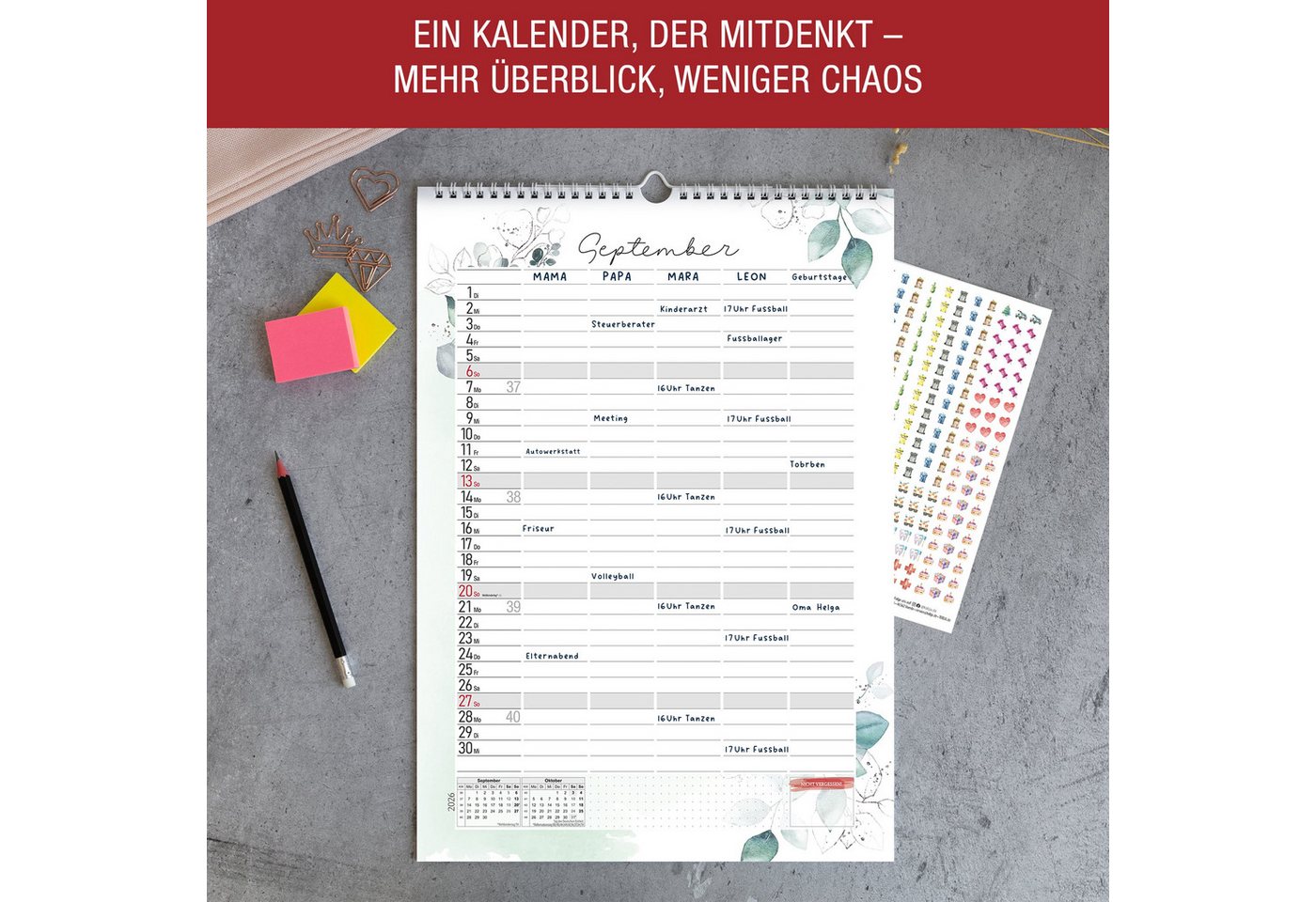 TOBJA Wandkalender Aquarell Familienkalender 2026 5 Spalten mit 300 Stickern, Familienplaner 2026 XXL 6 Spalten