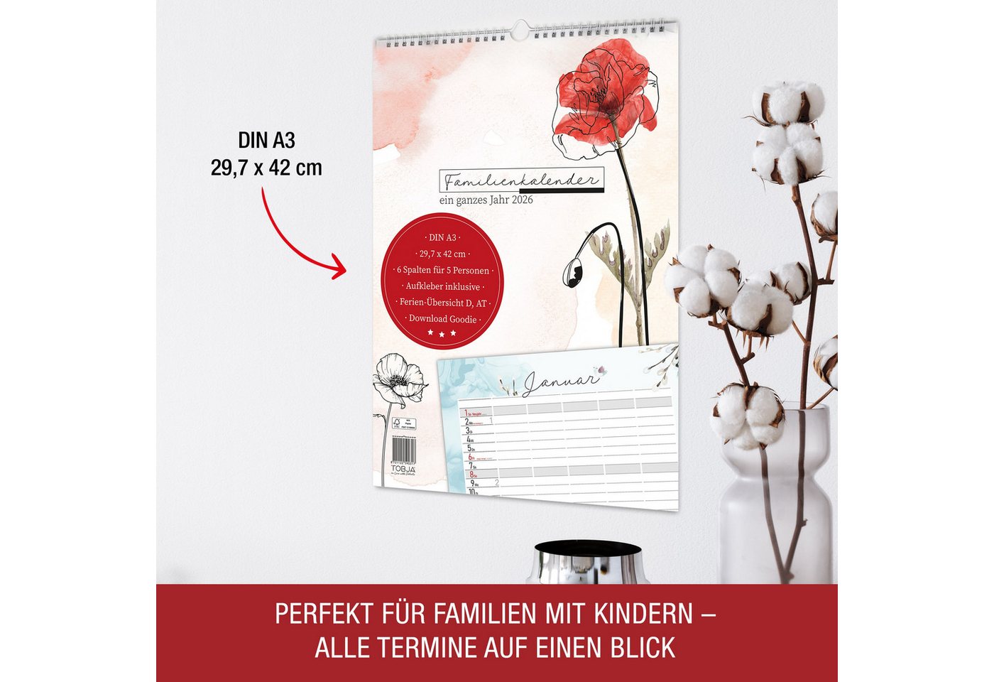 TOBJA Wandkalender Aquarell Familienkalender 2026 5 Spalten mit 300 Stickern, Familienplaner 2026 XXL 6 Spalten Bild 2