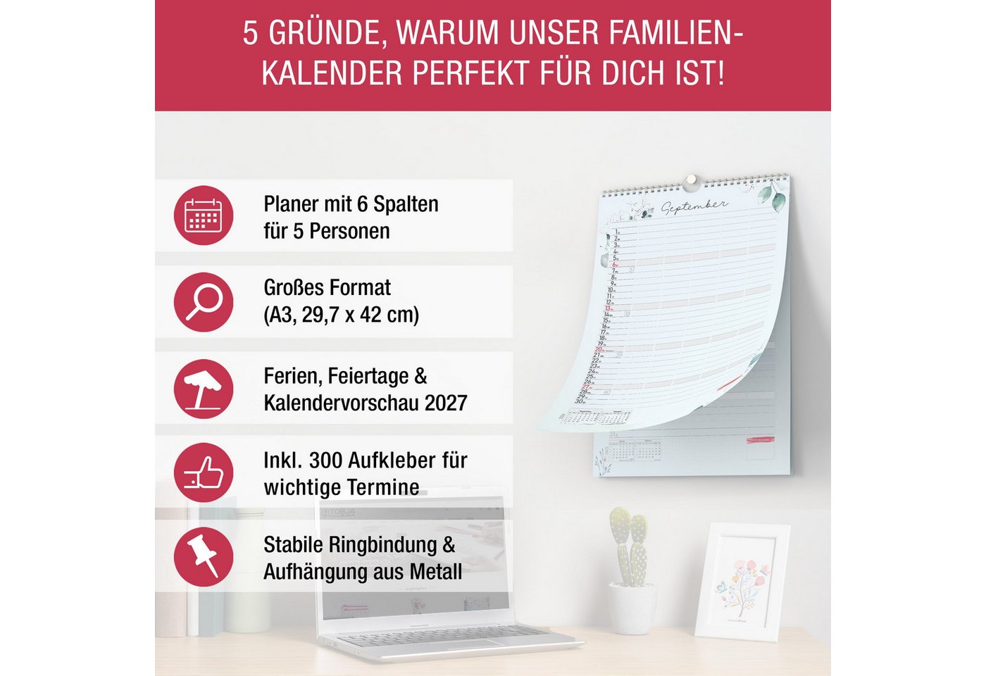 TOBJA Wandkalender Aquarell Familienkalender 2026 5 Spalten mit 300 Stickern, Familienplaner 2026 XXL 6 Spalten Bild 4