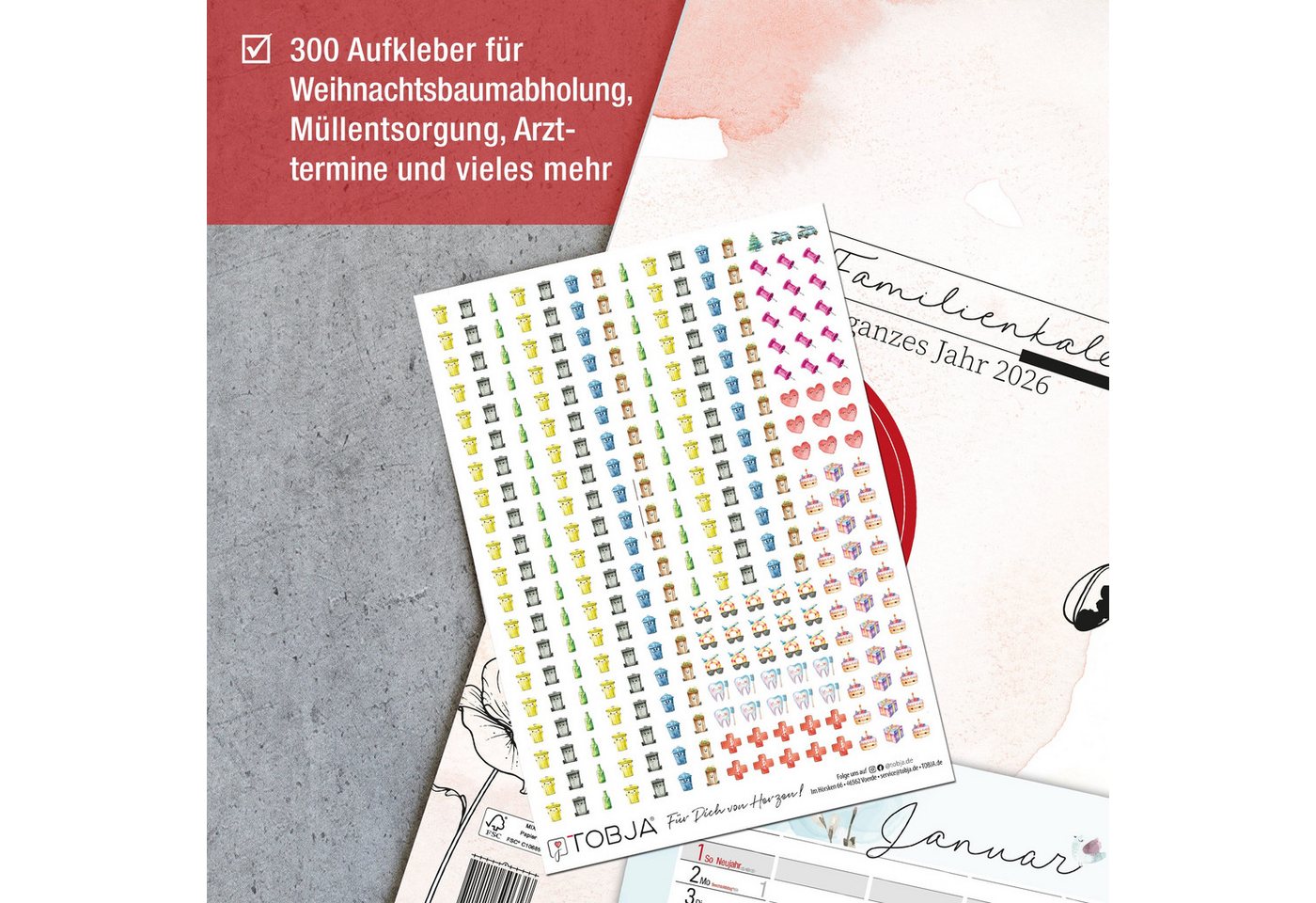 TOBJA Wandkalender Aquarell Familienkalender 2026 5 Spalten mit 300 Stickern, Familienplaner 2026 XXL 6 Spalten Bild 5