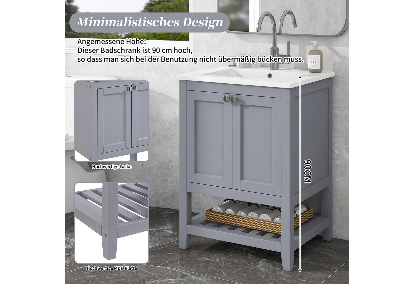 Flieks Waschtisch (1-St), Badezimmerschrank mit Waschbecken, Badmöbel in Breite 60 cm Bild 2