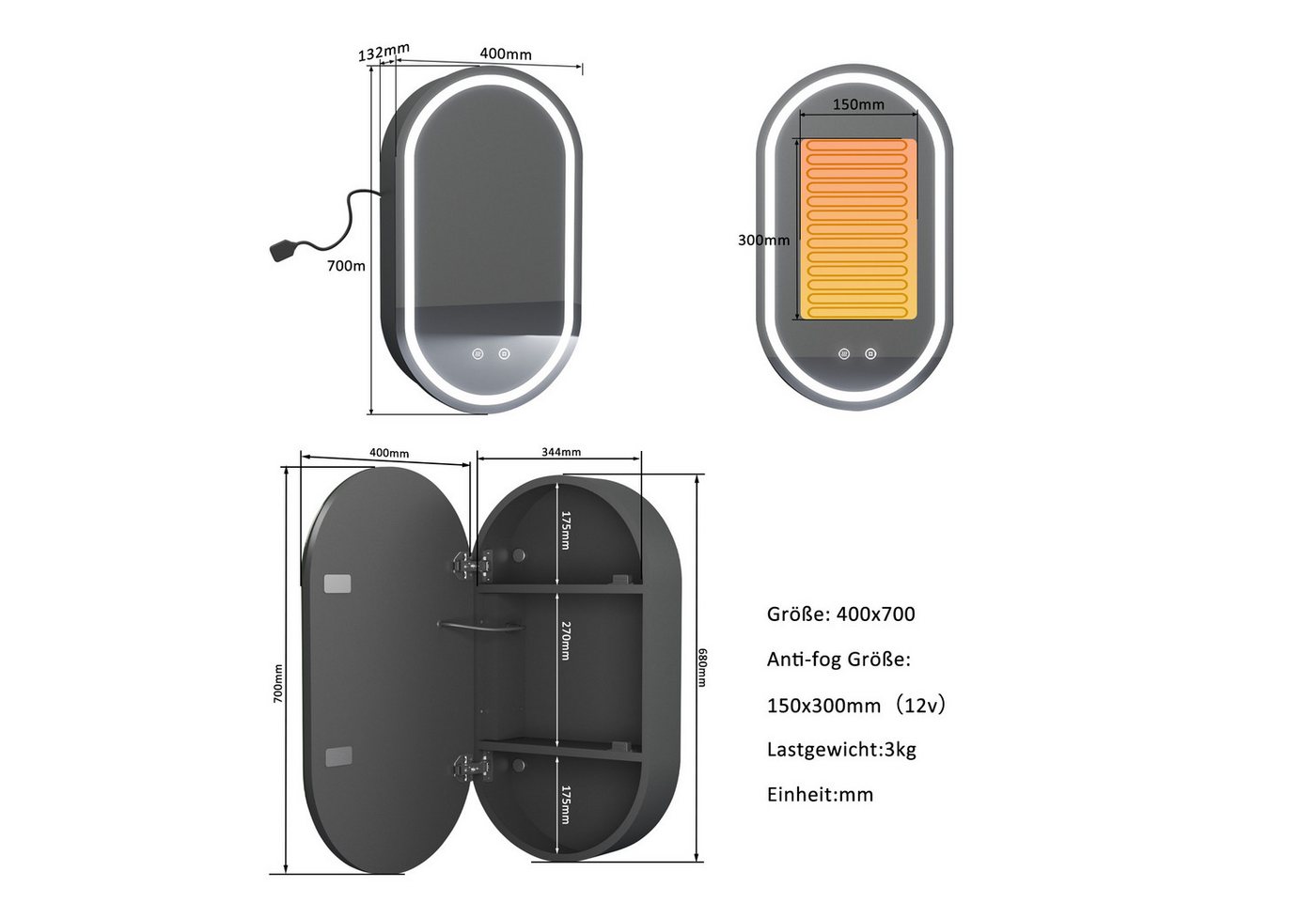 WDWRITTI Spiegelschrank Oval Badezimmer Schrank mit Beleuchtung Kalt/Neutral/Warmweiß (LED Badezimmerschrank klein, 40x13x70cm) Stahlblechregale, vormontiert, mit Netzadapter