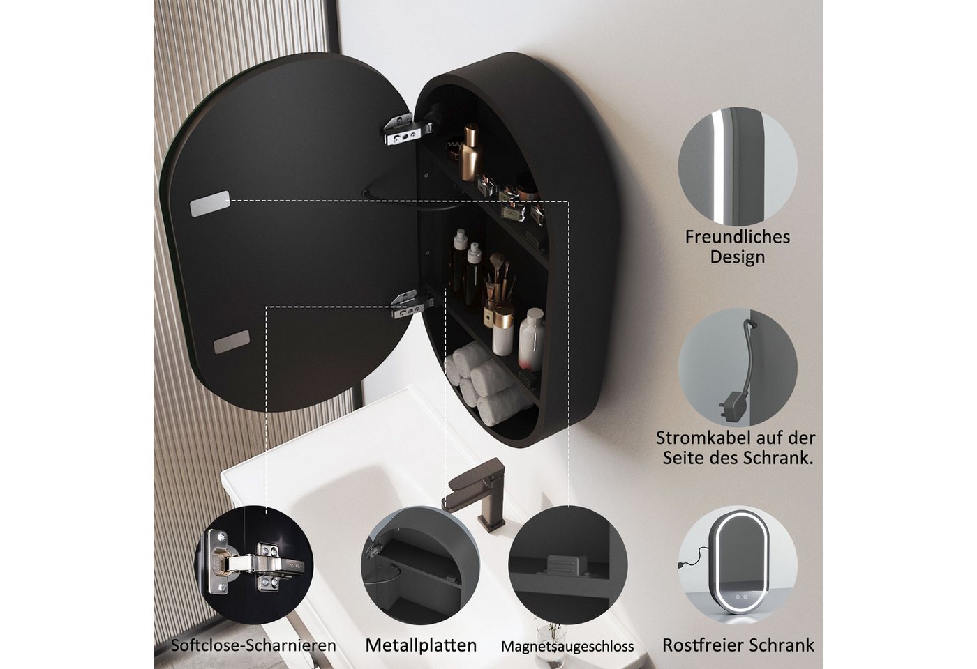 WDWRITTI Spiegelschrank Oval Badezimmer Schrank mit Beleuchtung Kalt/Neutral/Warmweiß (LED Badezimmerschrank klein, 40x13x70cm) Stahlblechregale, vormontiert, mit Netzadapter Bild 3