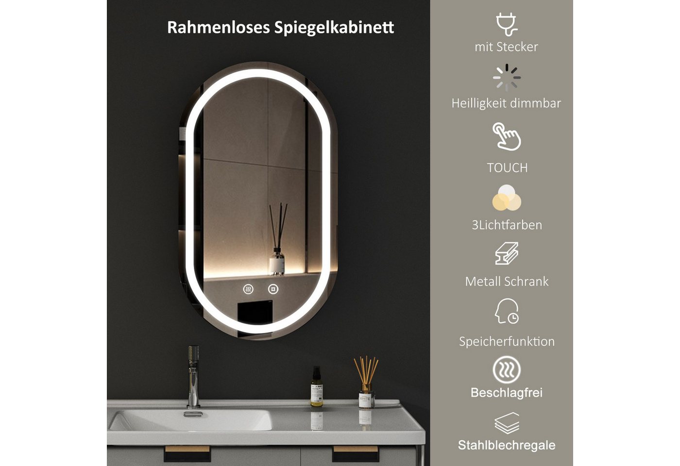 WDWRITTI Spiegelschrank Oval Badezimmer Schrank mit Beleuchtung Kalt/Neutral/Warmweiß (LED Badezimmerschrank klein, 40x13x70cm) Stahlblechregale, vormontiert, mit Netzadapter Bild 4