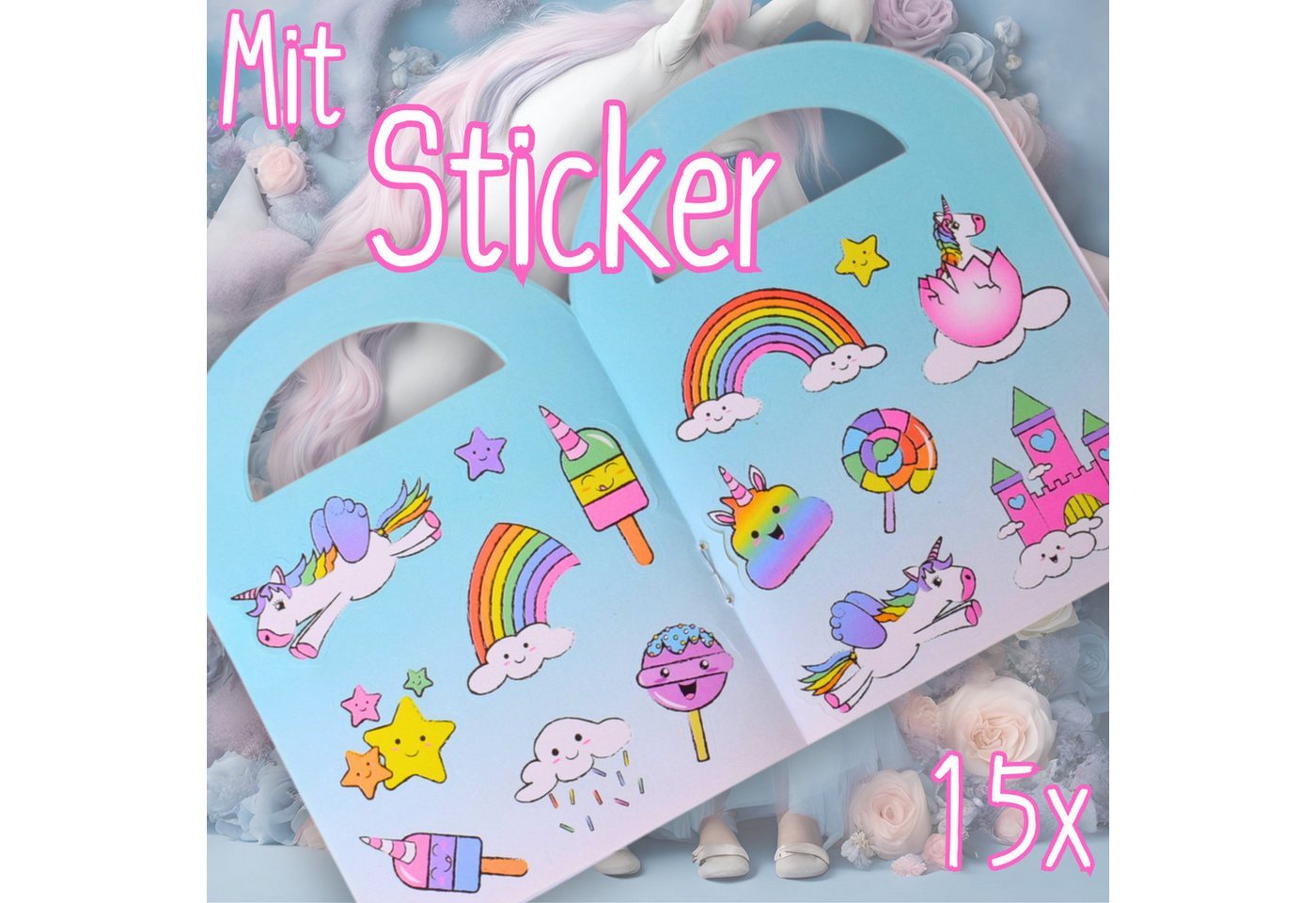 TE-Trend Stickerbuch 12 Stück Einhorn Motiv Malheft Ausmalheft Set im Kleinformat, mit 15 Stickern