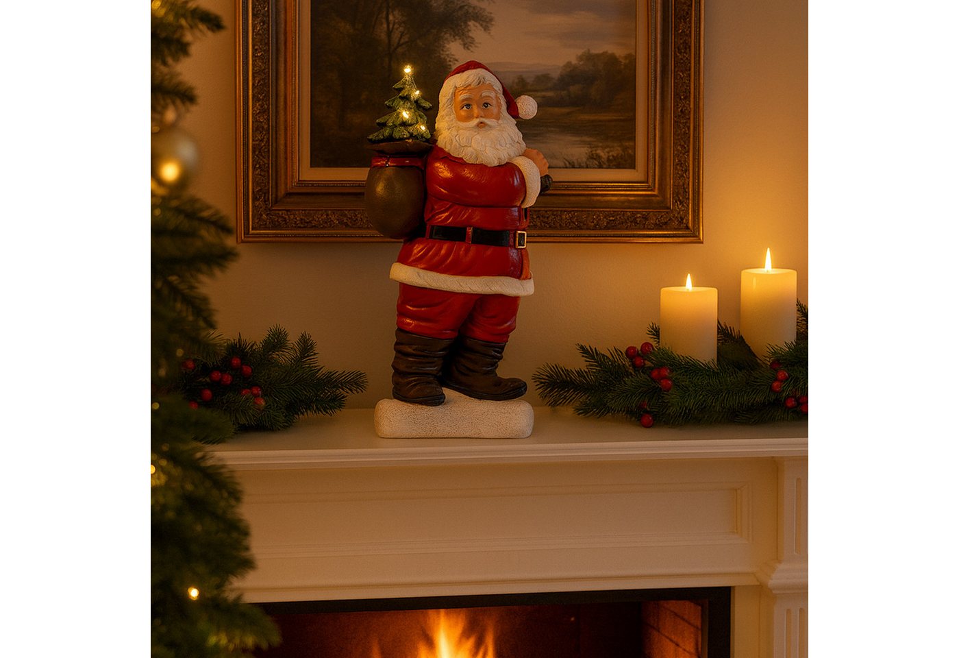 MARELIDA LED Dekofigur LED Weihnachtsmann mit leuchtendem Tannenbaum Santa Batterie 30cm, LED Classic, warmweiß (2100K bis 3000K)
