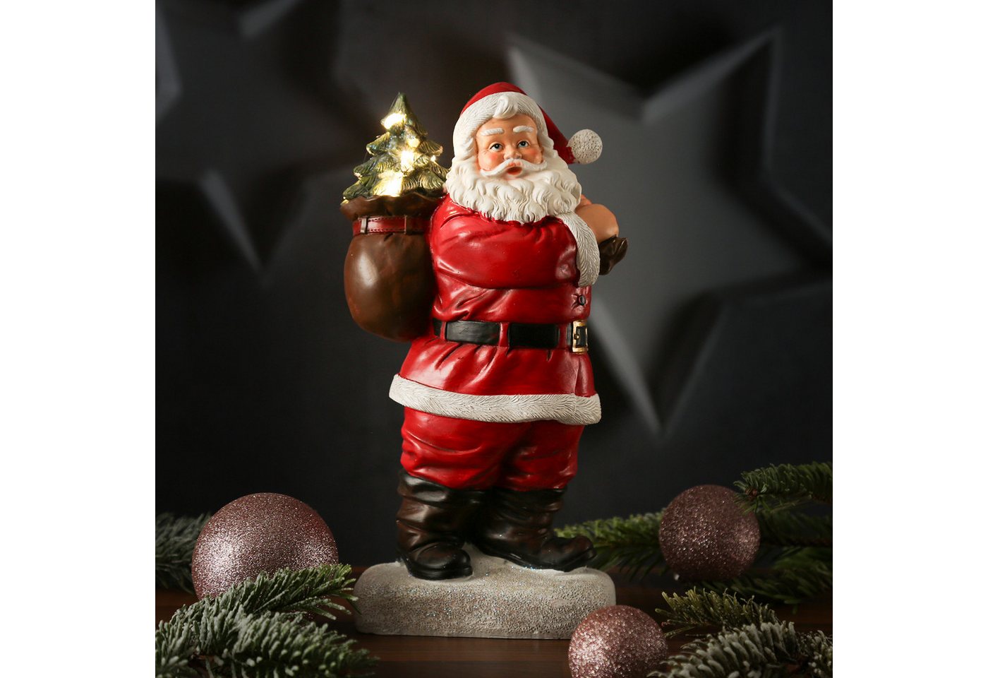 MARELIDA LED Dekofigur LED Weihnachtsmann mit leuchtendem Tannenbaum Santa Batterie 30cm, LED Classic, warmweiß (2100K bis 3000K) Bild 3