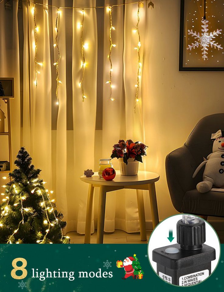Aigostar LED-Lichtervorhang LED Eisregen Lichterkette Außen, 3M+5M 100LED, 8 Modi