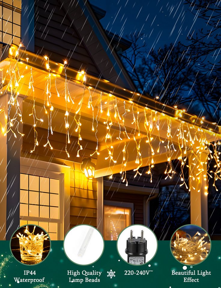 Aigostar LED-Lichtervorhang LED Eisregen Lichterkette Außen, 3M+5M 100LED, 8 Modi Bild 5