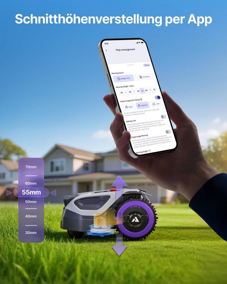 ANTHBOT Rasenmähroboter ANTHBOT M-Serie Set, Mähroboter ohne Begrenzungskabel, (RTK-Navigation • HDR-Dual-Vision • 45% Steigung), Kantenmähen, Multizonen, Schnitthöhe per App, IPX6 Bild 4