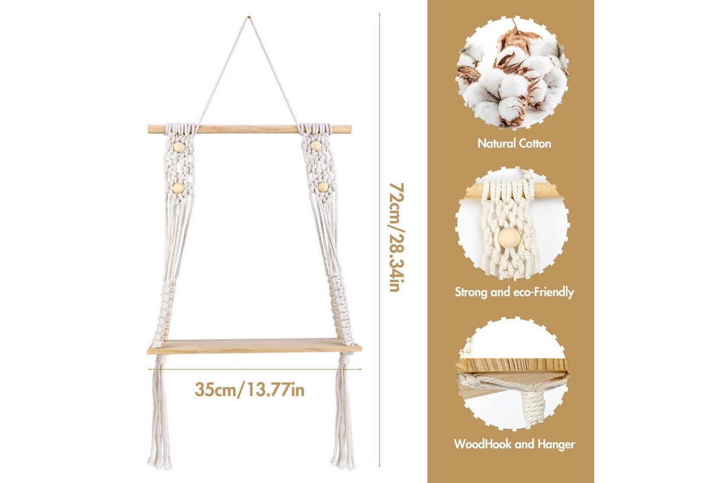 AURIVION Ablageregal Wandregal Holz Makramee Wandbehang Regal Wand Boho Deko Schweberegal, Set 1-tlg., Schweberegal für Balkon Badezimmer Schlafzimmer Bild 5