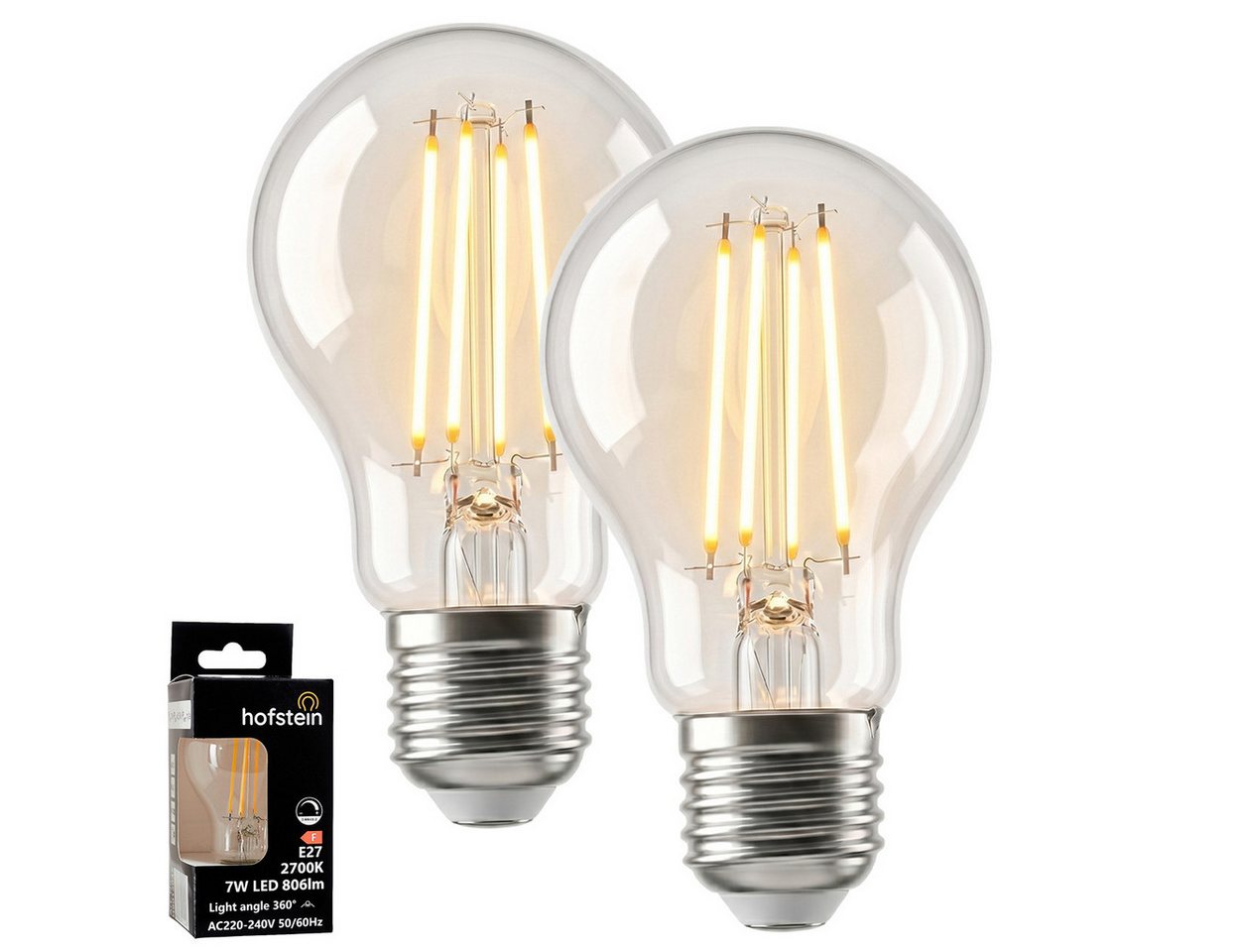 hofstein LED-Leuchtmittel 2er Set Glühbirne Warmweiß dimmbar 7 Watt, E27, 2700 Kelvin, 800 Lumen, Klassisch, Filament, Klar Bild 2