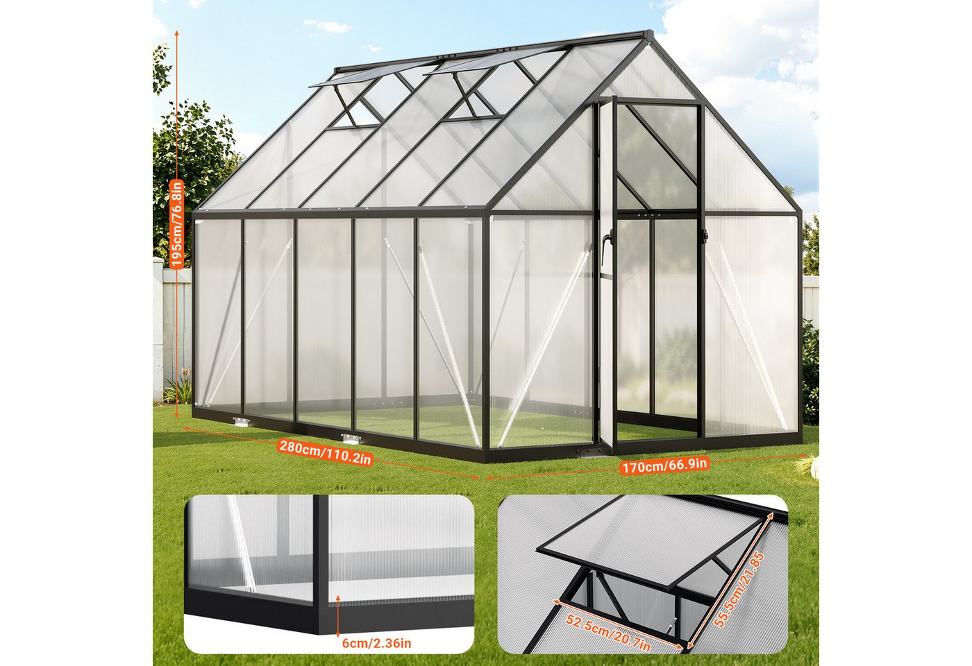 Clanmacy Gewächshaus Aluminium-Gewächshaus 280 × 170 × 195 cm, Schwarz Bild 2