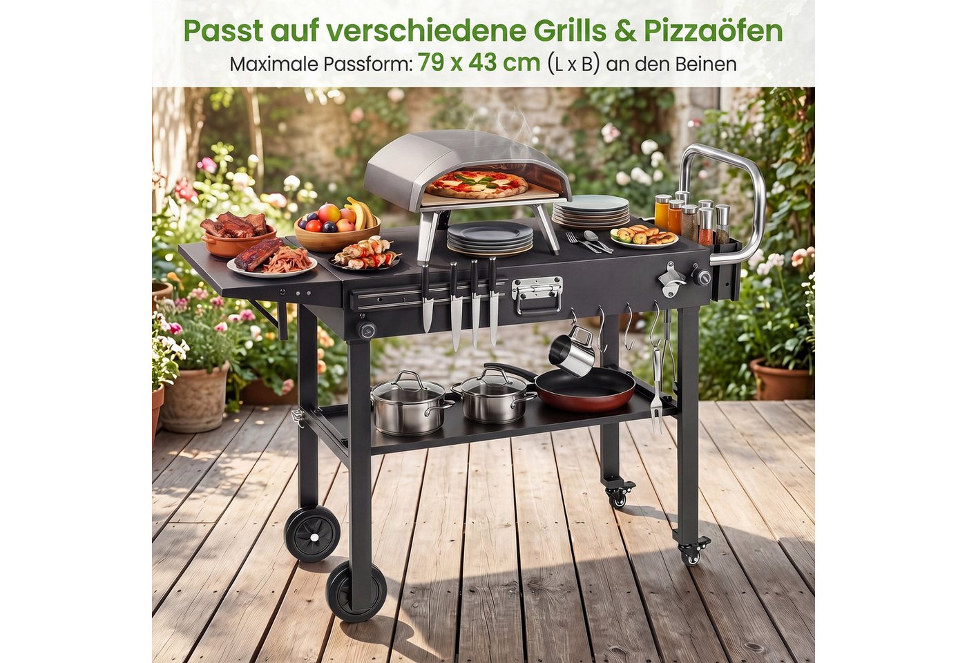 COSTWAY Grillablagetisch, Grillwagen mit klappbarer Tischplatte, seitlicher Ablage