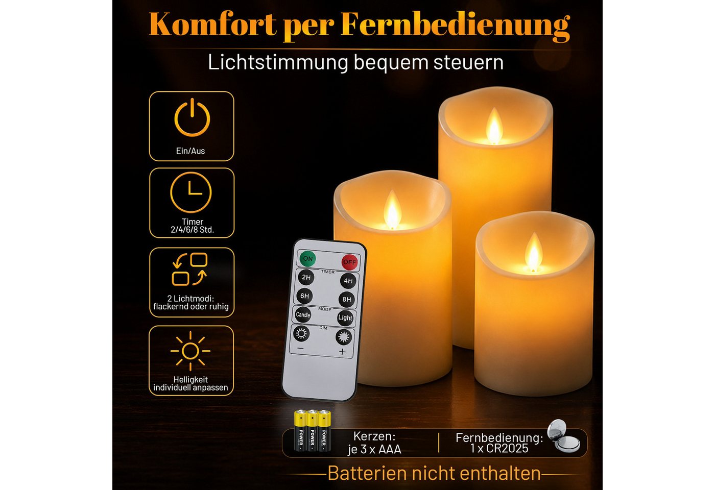 Clanmacy LED-Kerze 3X LED Kerzen Set Flackernd Mit Timerfunktion Fernbedienung Dimmbar, Warmweiß, Ø 7,5 cm × H 10 / 12,5 / 15 cm