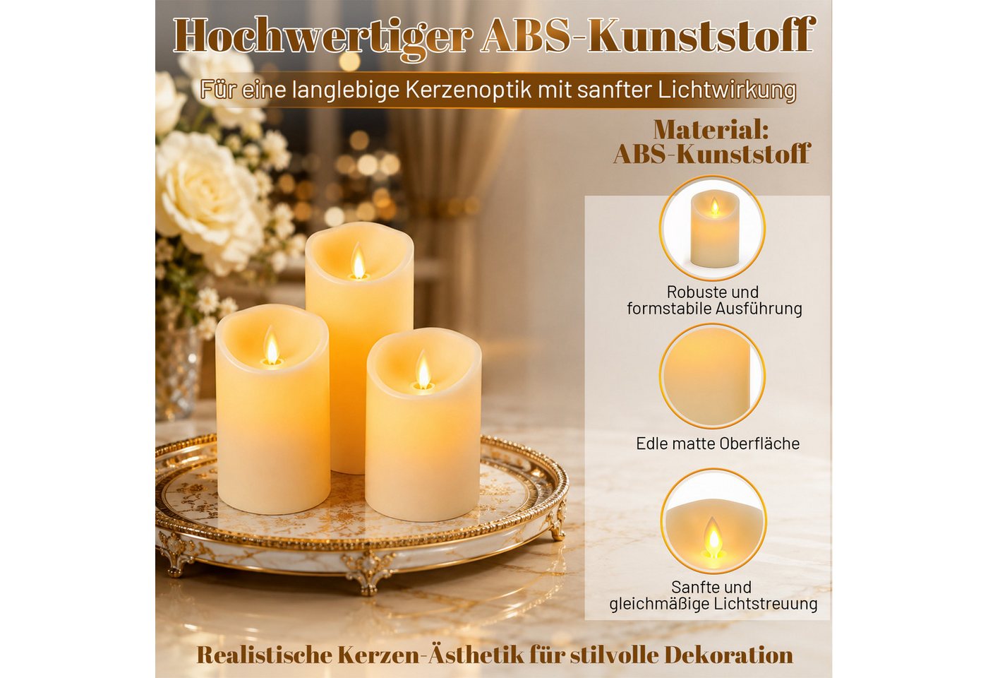 Clanmacy LED-Kerze 3X LED Kerzen Set Flackernd Mit Timerfunktion Fernbedienung Dimmbar, Warmweiß, Ø 7,5 cm × H 10 / 12,5 / 15 cm Bild 2