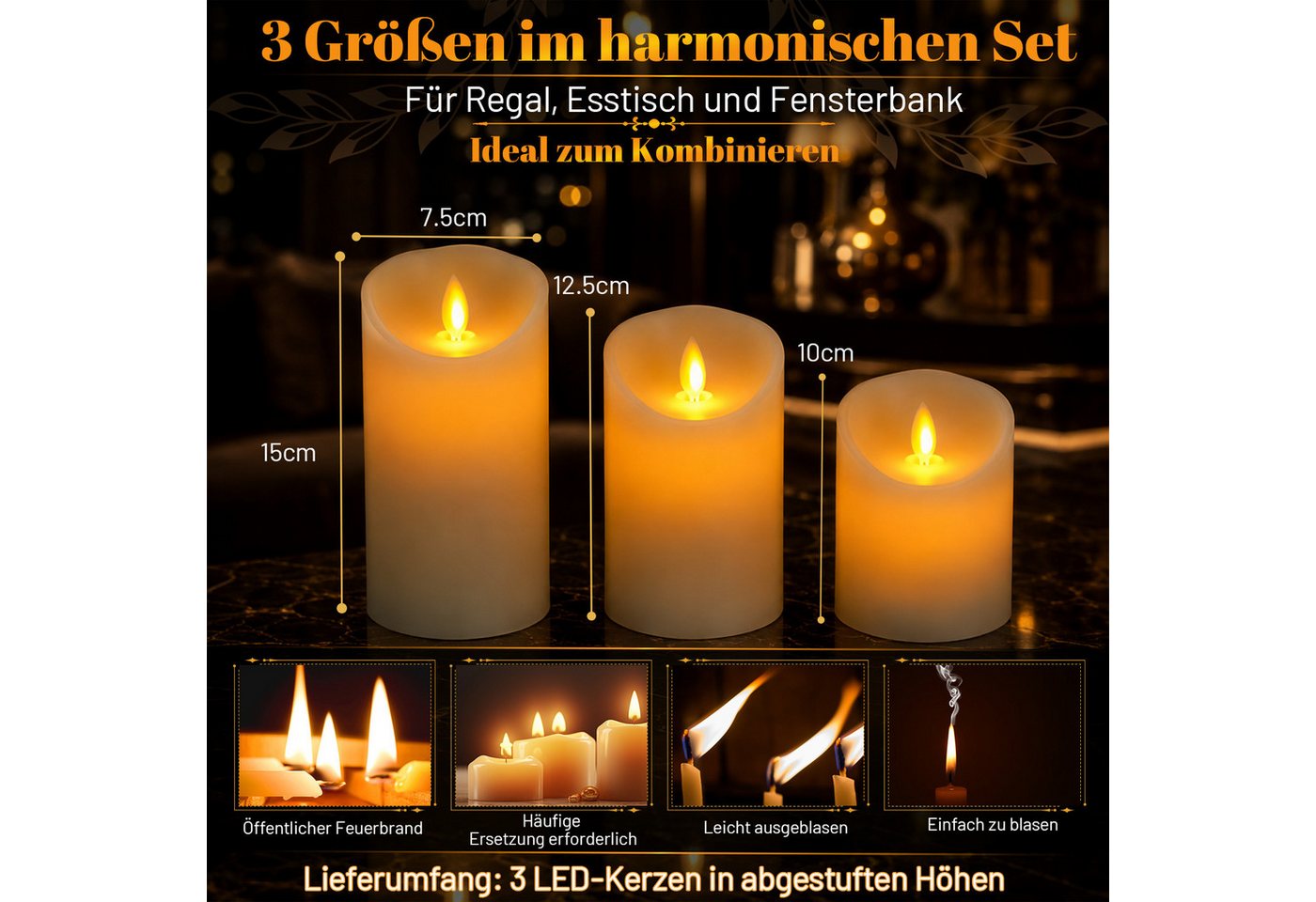 Clanmacy LED-Kerze 3X LED Kerzen Set Flackernd Mit Timerfunktion Fernbedienung Dimmbar, Warmweiß, Ø 7,5 cm × H 10 / 12,5 / 15 cm Bild 3