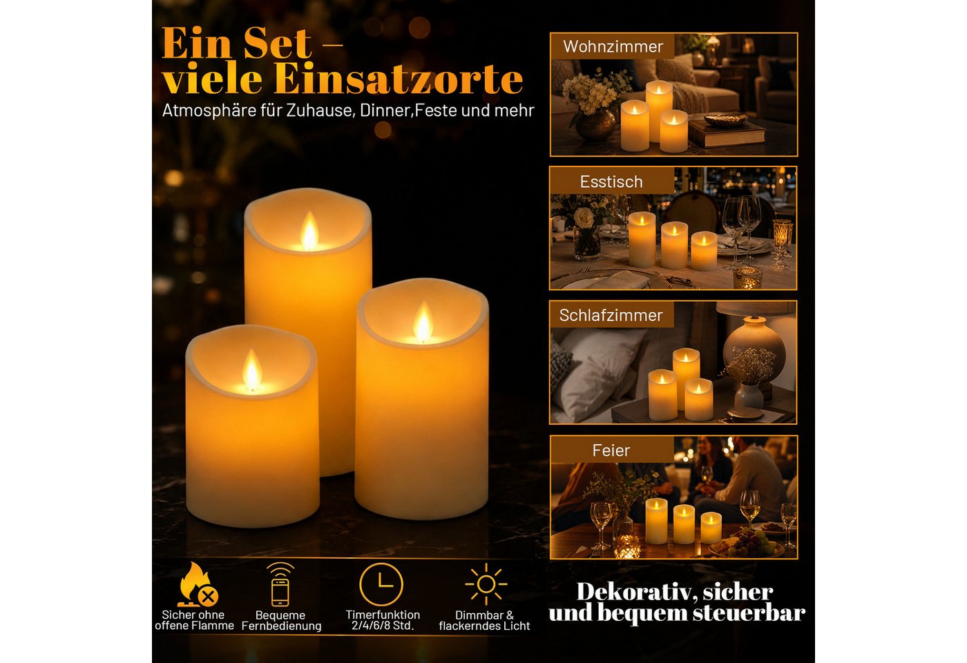Clanmacy LED-Kerze 3X LED Kerzen Set Flackernd Mit Timerfunktion Fernbedienung Dimmbar, Warmweiß, Ø 7,5 cm × H 10 / 12,5 / 15 cm Bild 5