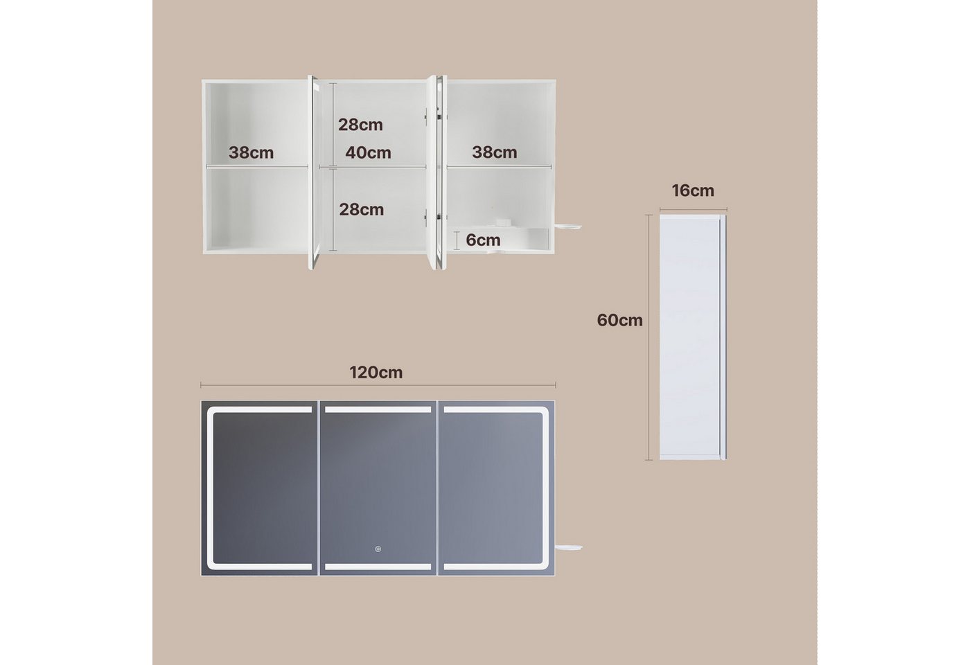 Bealife Spiegelschrank Badezimmerschrank mit LED-Beleuchtung, B:80/100/120CM