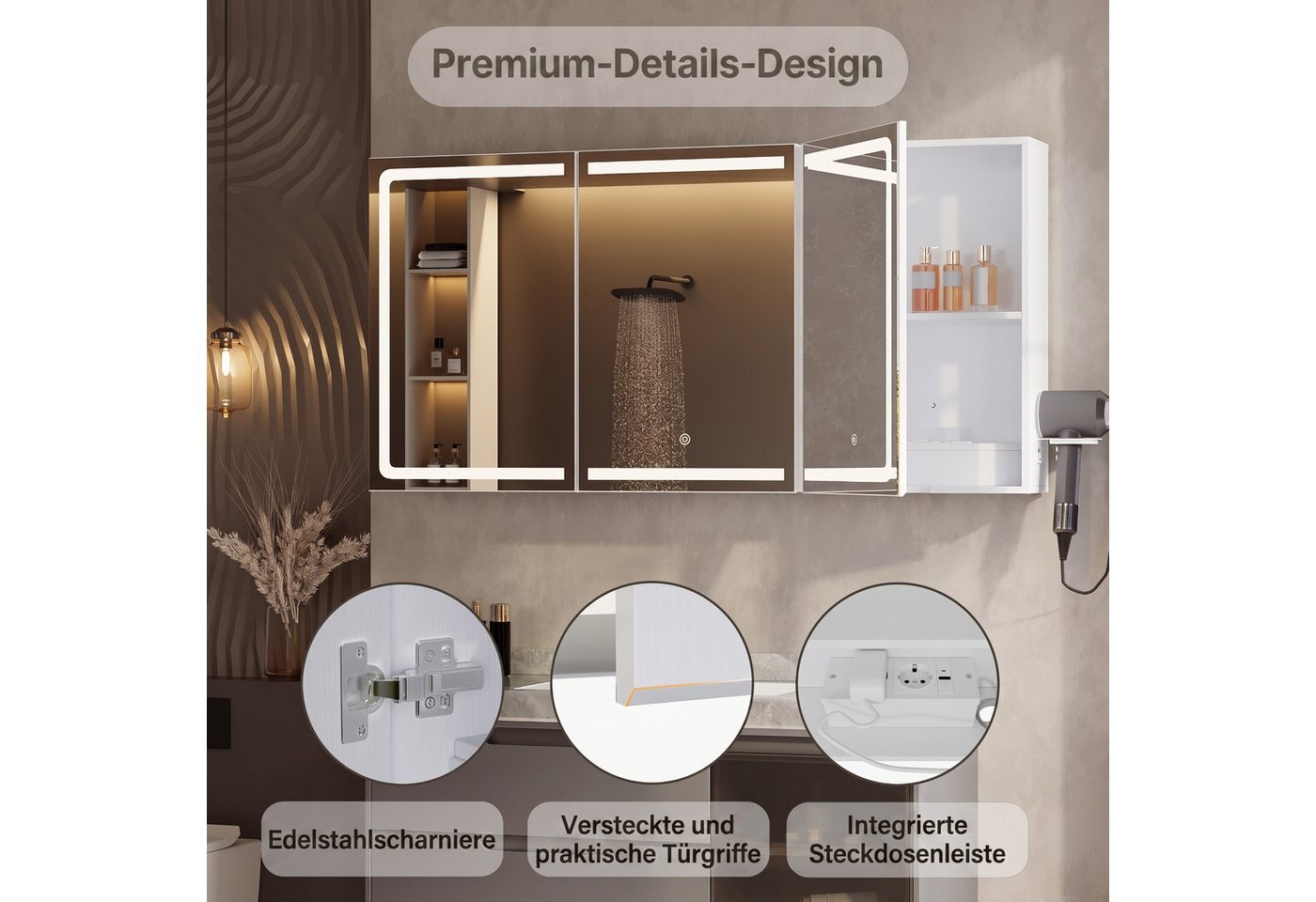 Bealife Spiegelschrank Badezimmerschrank mit LED-Beleuchtung, B:80/100/120CM Bild 5