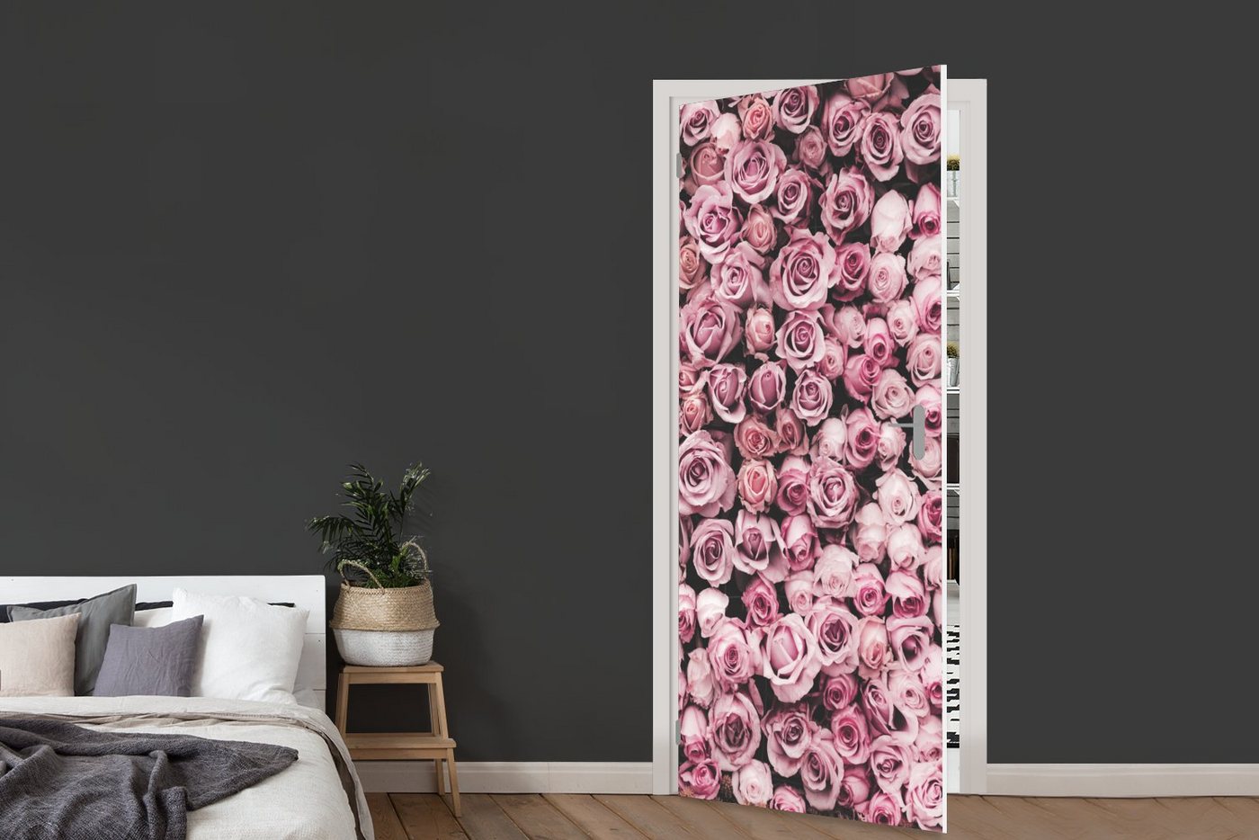 MuchoWow Türtapete Blumen - Rosen - Natur - Rosa - Botanisch, Matt, bedruckt, (1 St), Selbstklebende Tapete, Folie für Möbel, 75x205 cm