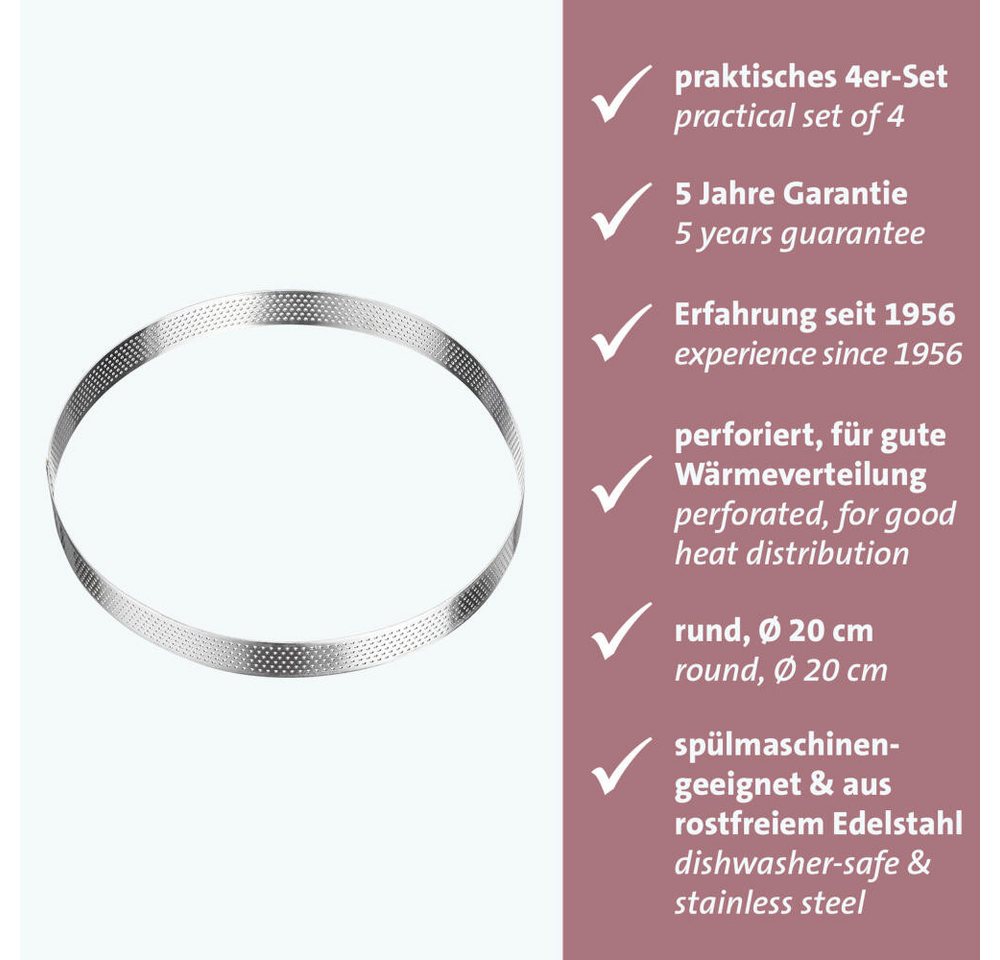 WESTMARK Tarteform Tarte-Rahmen – Perfekte Tarte- und Quicheformen, Ø 20 cm, gleichmäßige Wärmeverteilung, rostfreier Edelstahl, ofenfest Bild 3