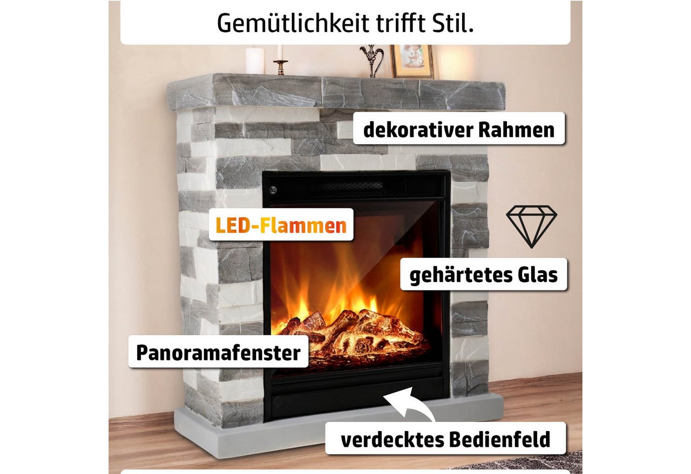 AMBINESS Elektrokamin 2 Heizstufen, 900W - 2000W, LED - 3D Flammeneffekt mit Farbwechsel