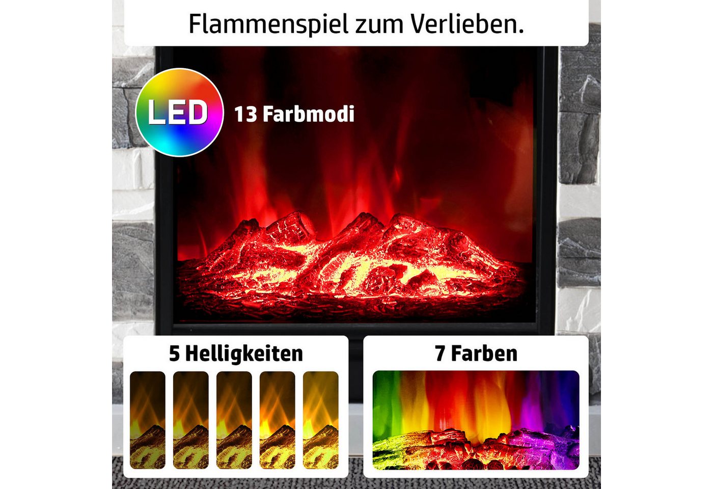 AMBINESS Elektrokamin 2 Heizstufen, 900W - 2000W, LED - 3D Flammeneffekt mit Farbwechsel Bild 2