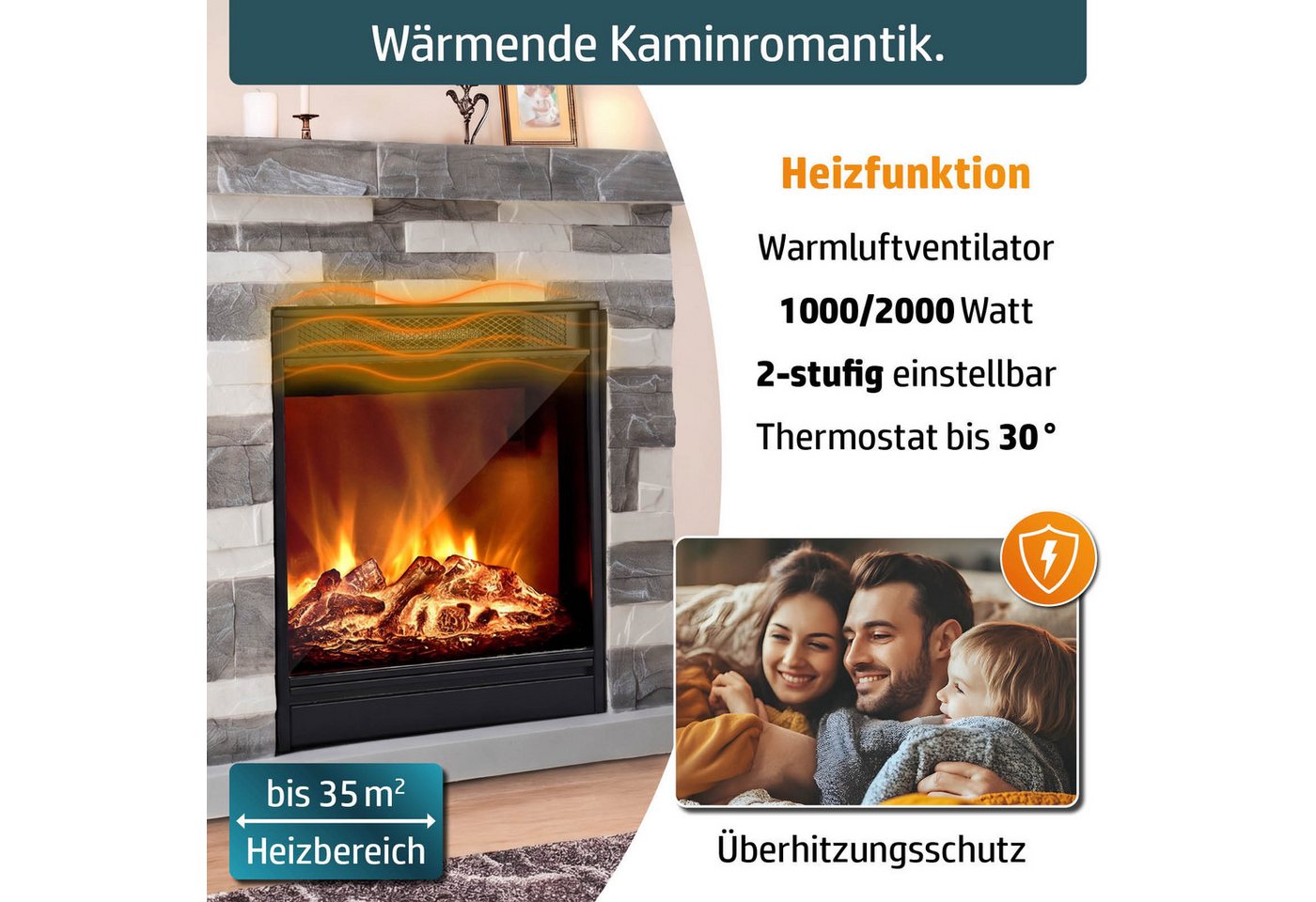 AMBINESS Elektrokamin 2 Heizstufen, 900W - 2000W, LED - 3D Flammeneffekt mit Farbwechsel Bild 3