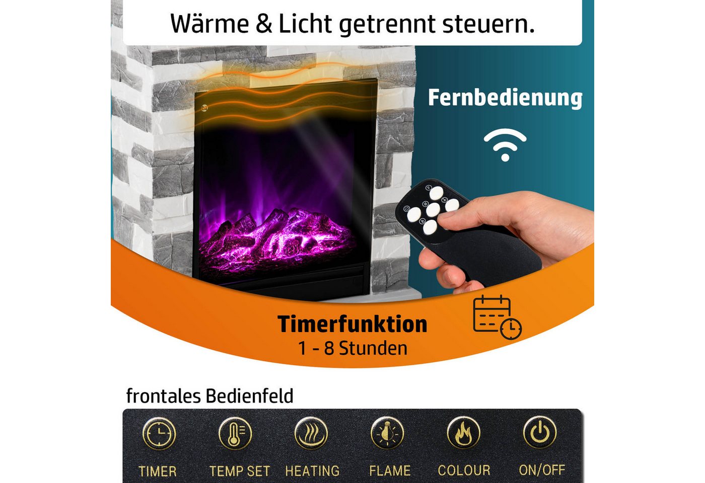 AMBINESS Elektrokamin 2 Heizstufen, 900W - 2000W, LED - 3D Flammeneffekt mit Farbwechsel Bild 4