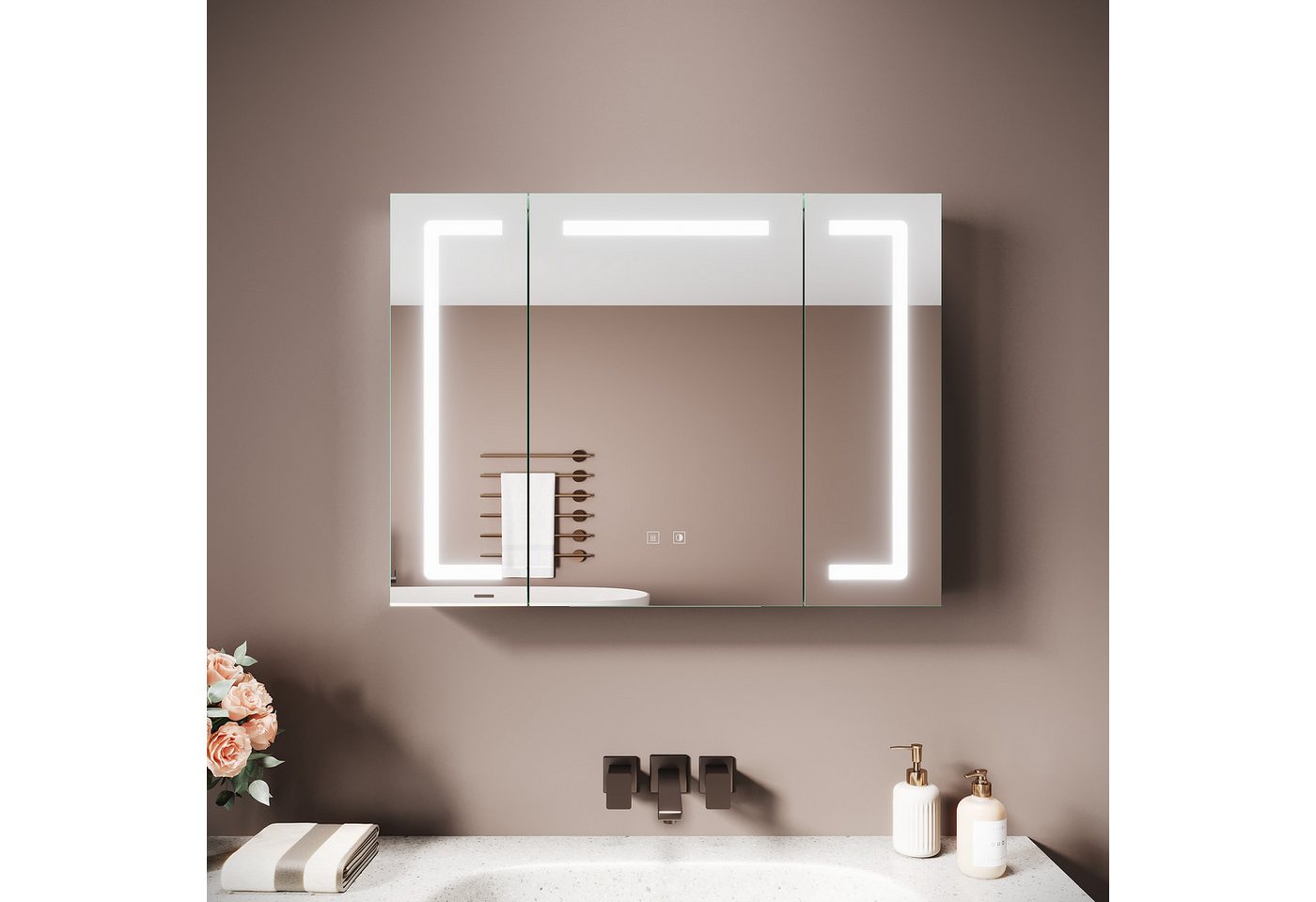 SONNI Spiegelschrank Spiegelschrank Badezimmerschrank 80×60cm Bestseller mit 3-farbiger dimmbarer Beleuchtung