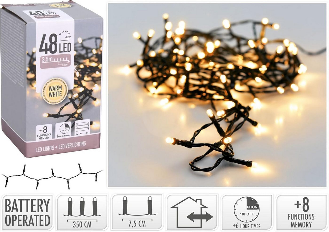 mucHome LED-Lichterkette 1,8-14,5 Meter warmweiß Batterie 8 Funktionen inkl. 6-Std Timer Bild 2