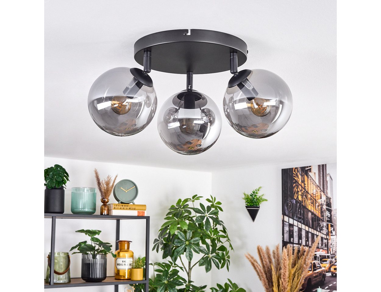 hofstein Deckenleuchte Deckenlampe aus Metall/Glas in Schwarz/Rauchfarben, 3 x E14, ohne Leuchtmittel, verstellbare Deckenleuchte im Retro/Vintage-Design (Schirme Ø 15 cm)