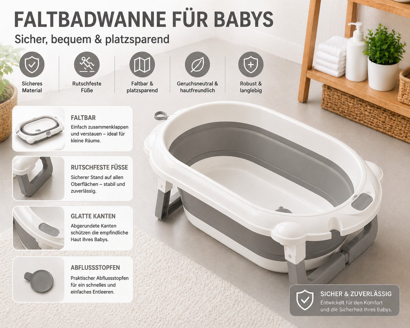 Boncuks Home Babybadewanne Faltbare Baby Badewanne mit Ablauf, rutschfest & platzsparend Bild 3