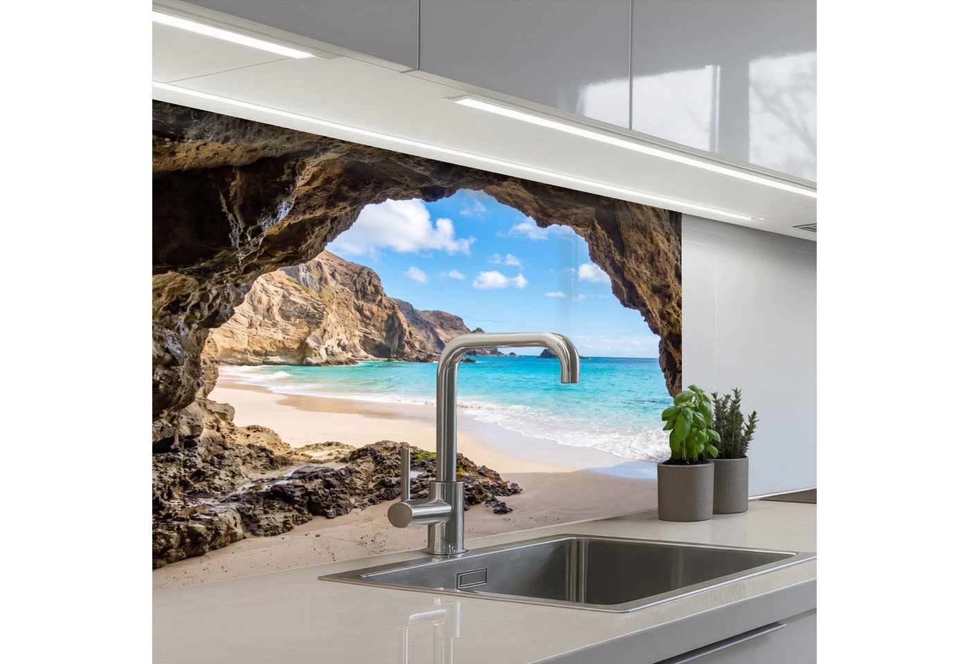 KitchenYeah Küchenrückwand selbstklebend (keine Folie) Höhle - Strand - Meer - Blau, (1-tlg), Spritzschutz, Küche, Rückwand, Küchenwand, Küchenfront, 80x60 cm