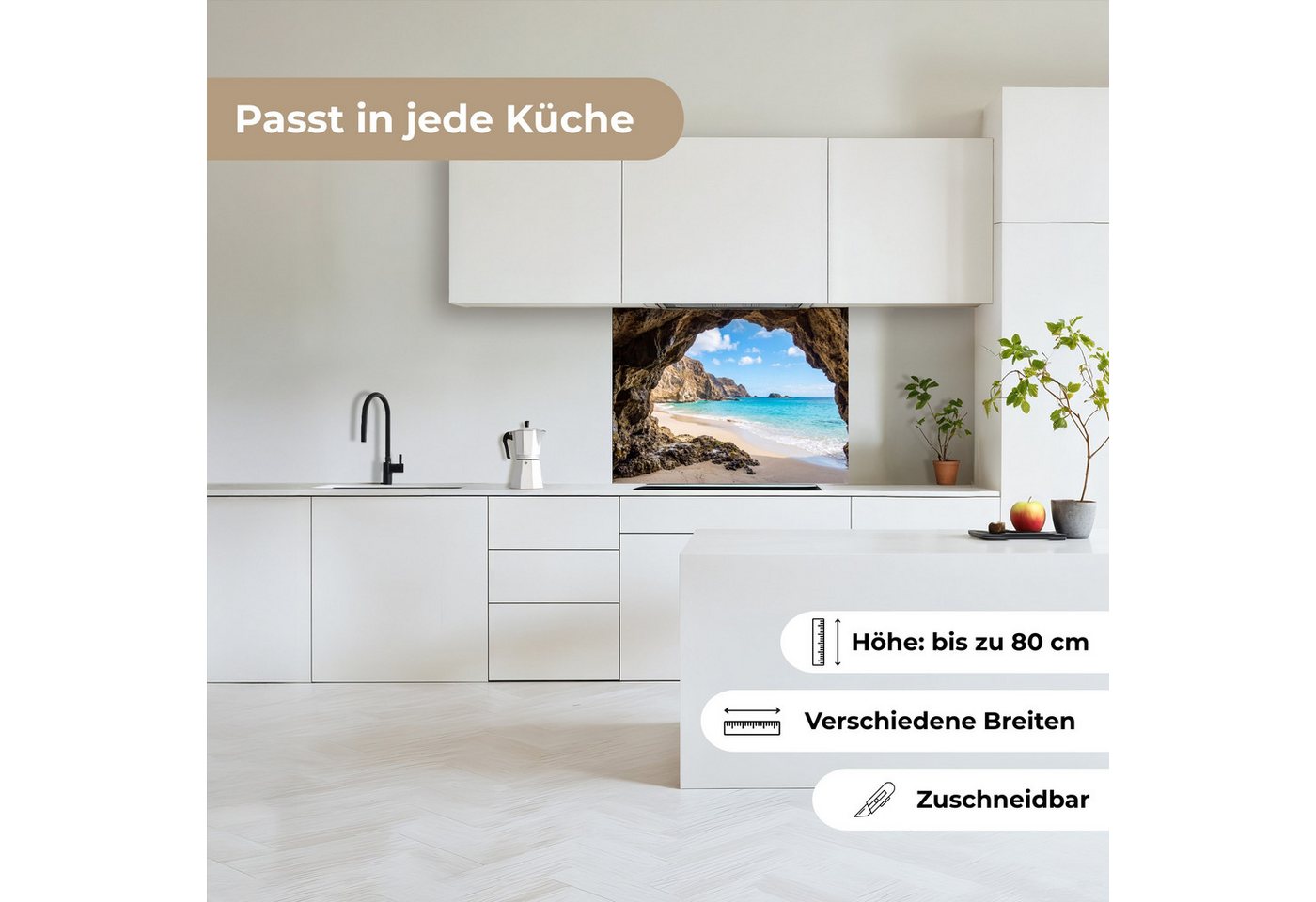 KitchenYeah Küchenrückwand selbstklebend (keine Folie) Höhle - Strand - Meer - Blau, (1-tlg), Spritzschutz, Küche, Rückwand, Küchenwand, Küchenfront, 80x60 cm Bild 2