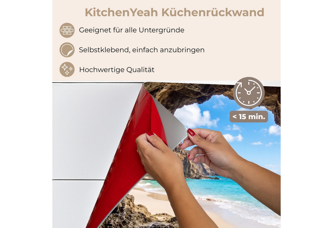 KitchenYeah Küchenrückwand selbstklebend (keine Folie) Höhle - Strand - Meer - Blau, (1-tlg), Spritzschutz, Küche, Rückwand, Küchenwand, Küchenfront, 80x60 cm Bild 3