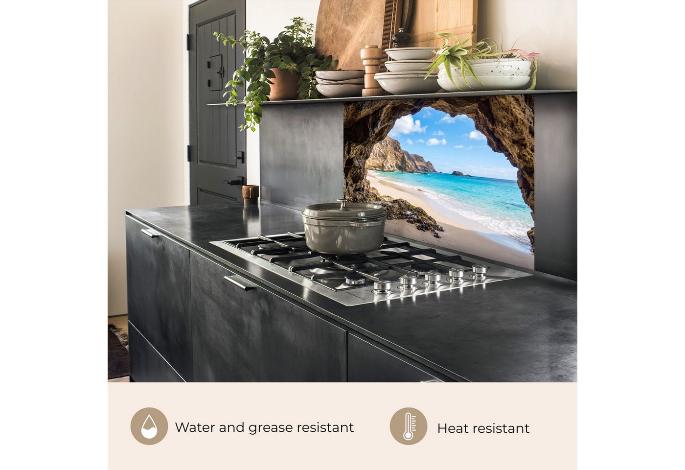 KitchenYeah Küchenrückwand selbstklebend (keine Folie) Höhle - Strand - Meer - Blau, (1-tlg), Spritzschutz, Küche, Rückwand, Küchenwand, Küchenfront, 80x60 cm Bild 4
