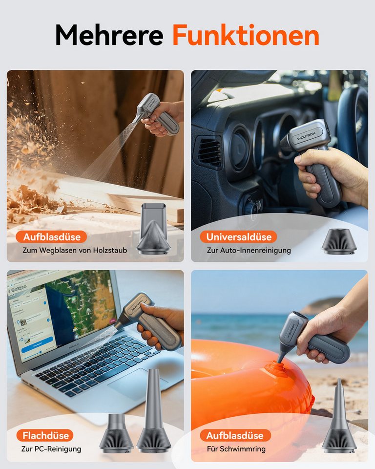 WOLFBOX Akku-Druckreiniger DF60 Akku-Druckluftreiniger 110000 U/min, (1 tlg), 3 Geschwindigkeiten, 5 Düsen, Schnellladung Bild 5