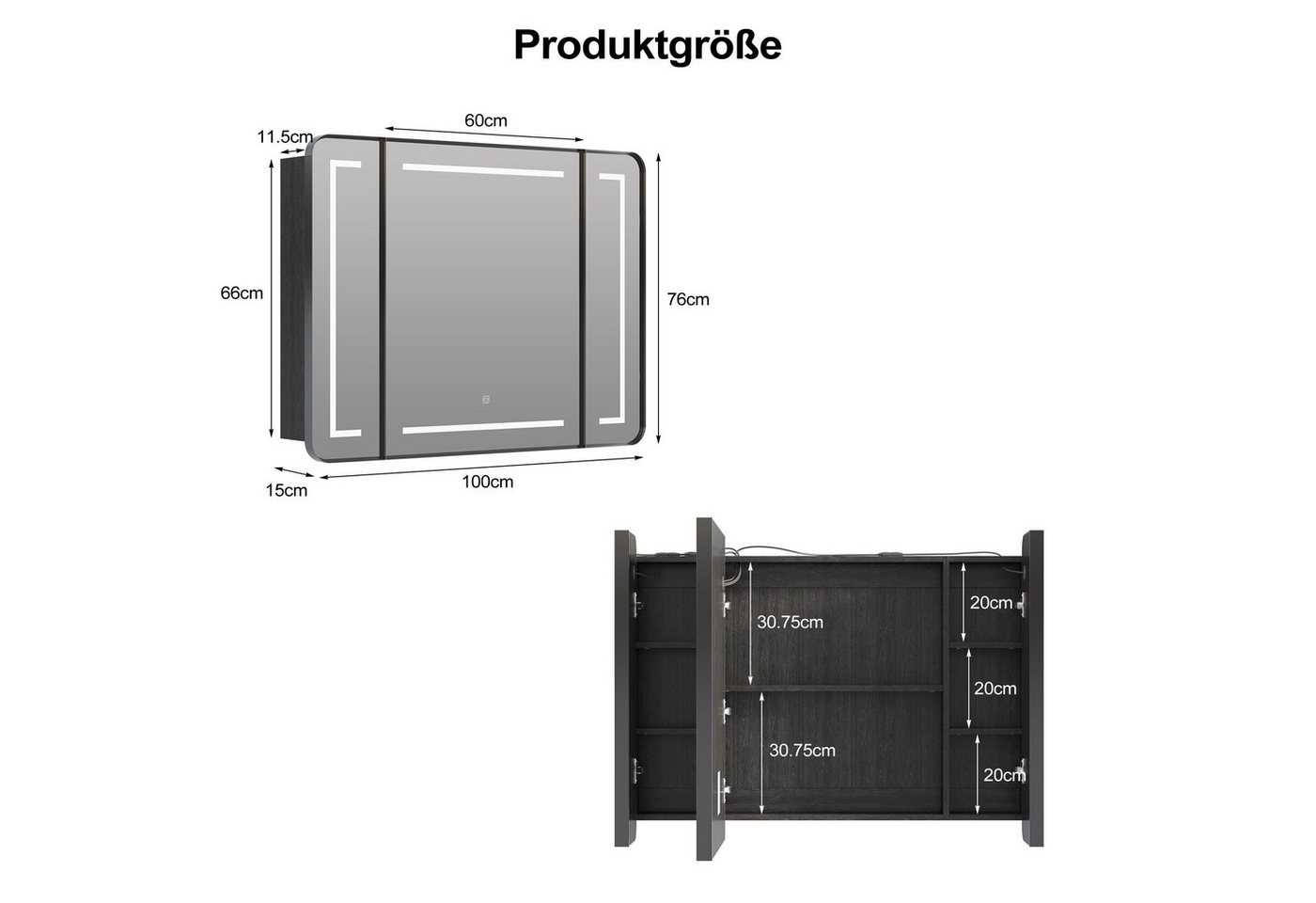 radelldar Spiegelschrank mit LED-Beleuchtung und 3 Tür,100x76x15cm, Schwarz (1-St) wasserdicht Bild 4