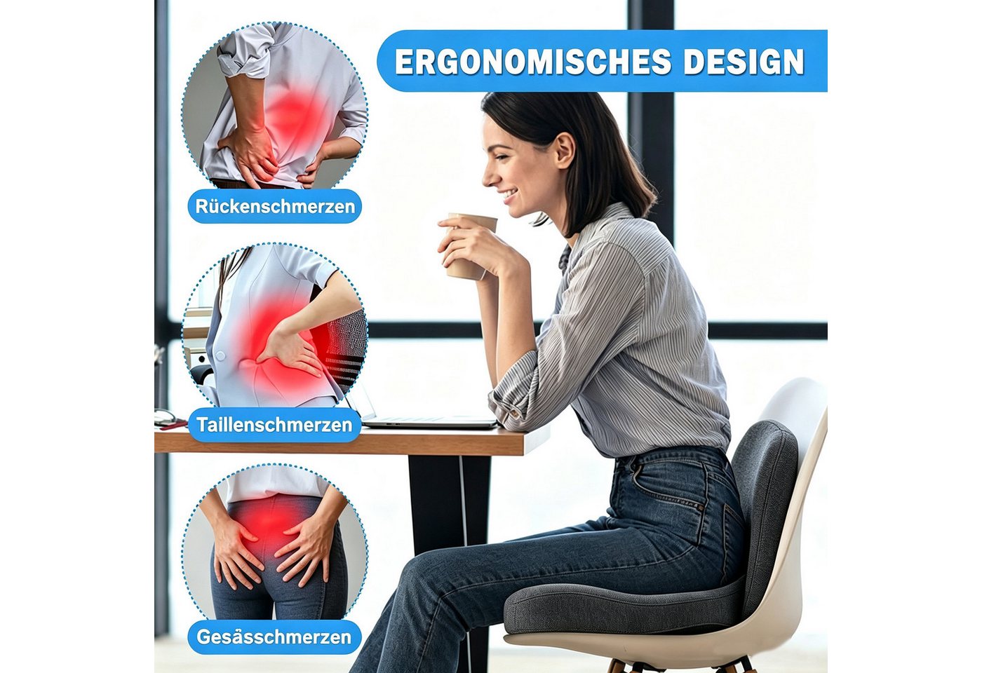 Fyrove Sitzkissen Orthopädisches Sitzkissen mit Rückenlehne Sitzkissen für Bürostuhl, Ergonomisch Lindert Rückenschmerzen Sitzring Steißbein Entlastung Bild 4
