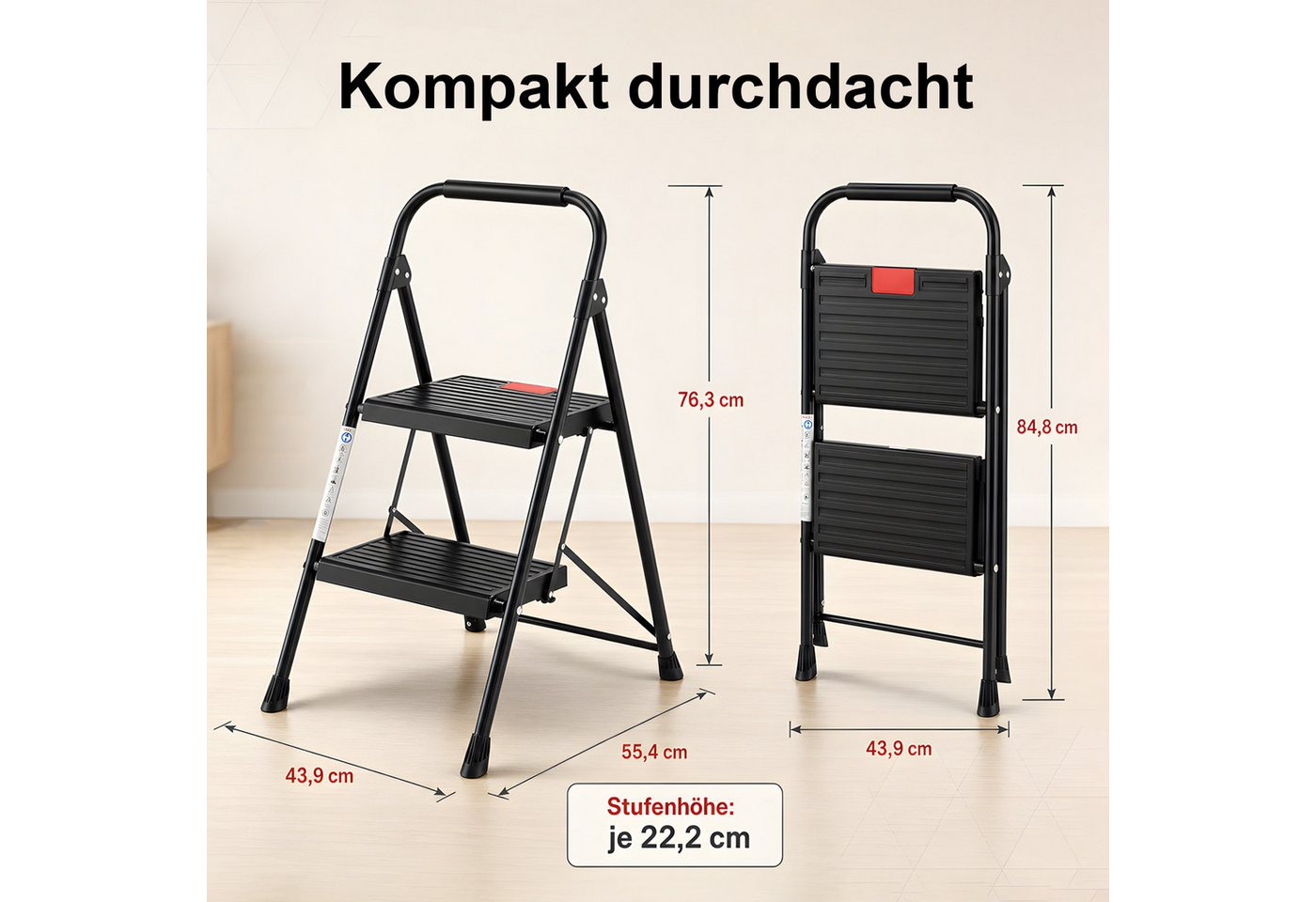 Refined Living Trittleiter 2/3 Stufen klappbar Trittleiter, Klapptritt für Zuhause bis 150 kg (Multifunktionsleiter mit breitem Anti-Rutsch-Pedal und Klappsicherung, stabile Anti-Rutsch-Leiter mit Handlauf kompakte & leichte Klappleiter), Sicherheitsleiter Stufen Leiter für Küche & Büro, Bibliothek, Garten
